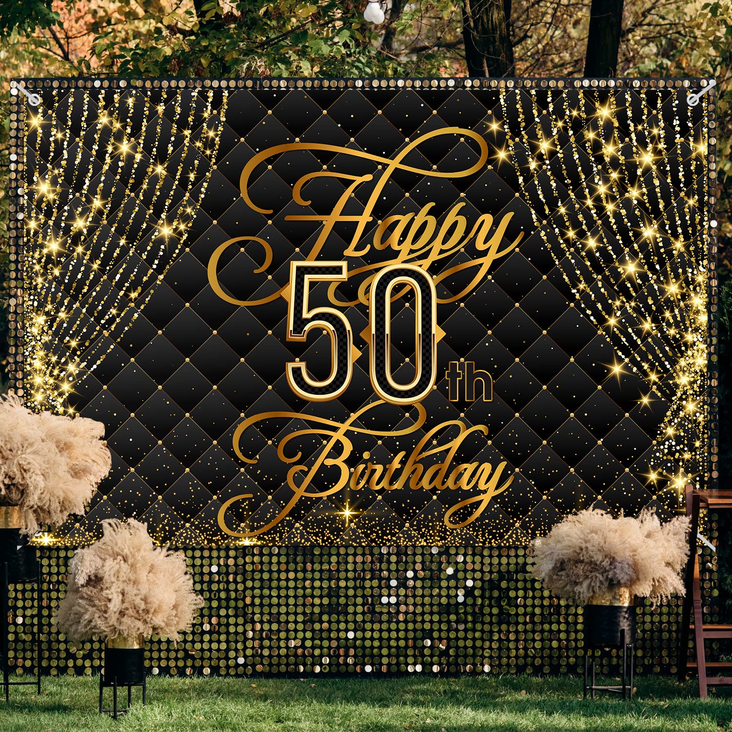 Happy 50th Birthday Backdrop Banner - Extra Large 72.8 X 43.3 Inch Black Gold Fabric Sign For Party Decor