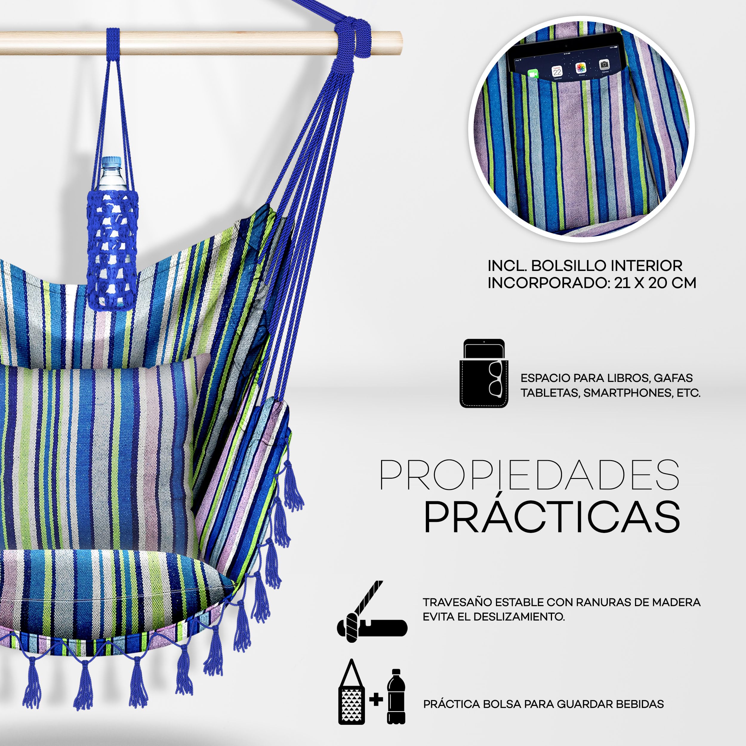 tillvex Silla Colgante hasta 150 kg | Columpio para Colgar en Exterior e Interior | Hamaca con Cuerda, Cojines y Flecos | Kit de Suspensión para Jardín, Terraza, Balcón (Multicolor (con 2 Cojines))