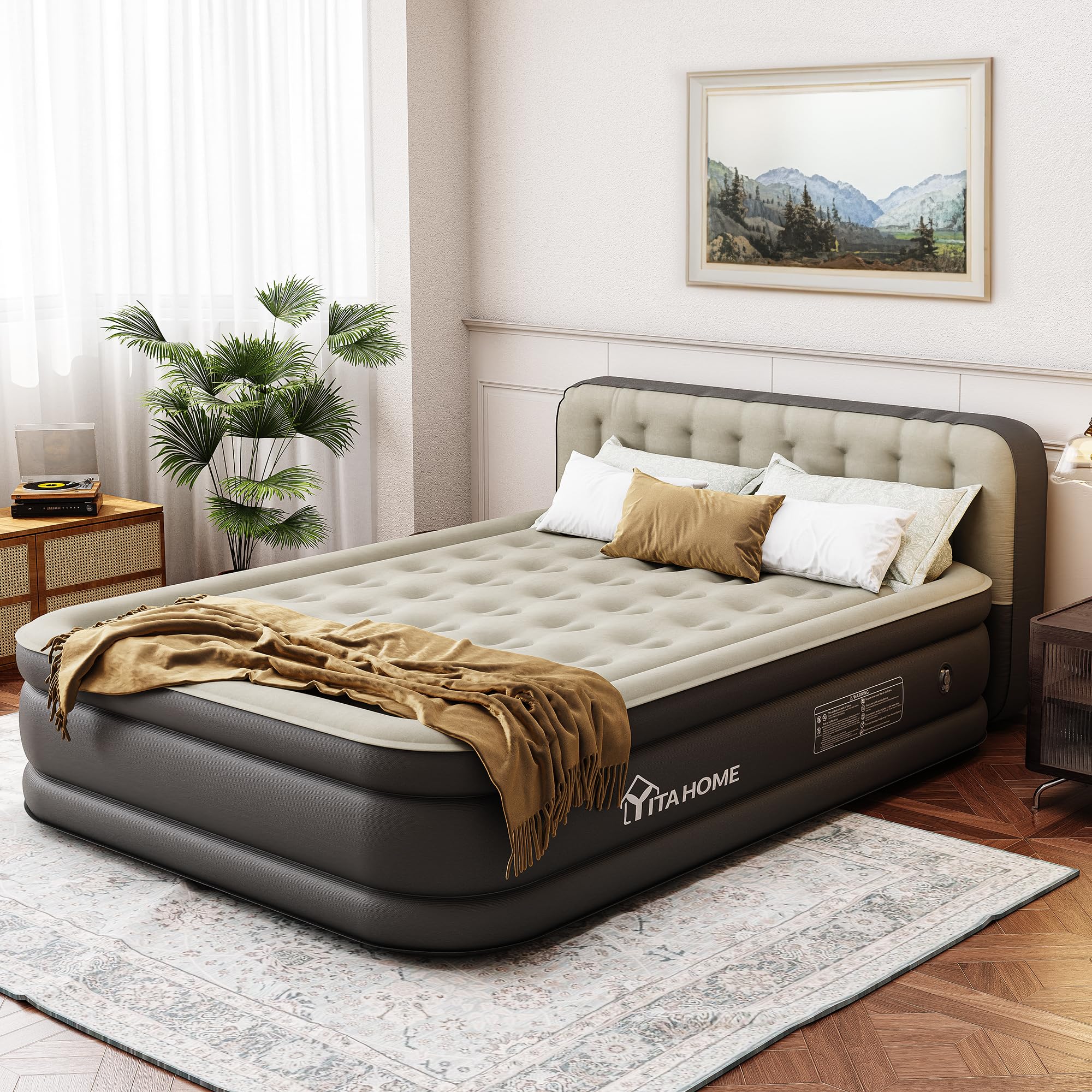 YITAHOME Queen Size Air Mattress with Pump and Headboard, 18in Luxury Flocked Top Blow up Mattress, Durable Inflatable Mattress for Home & Guest, Black AirBed-image-36