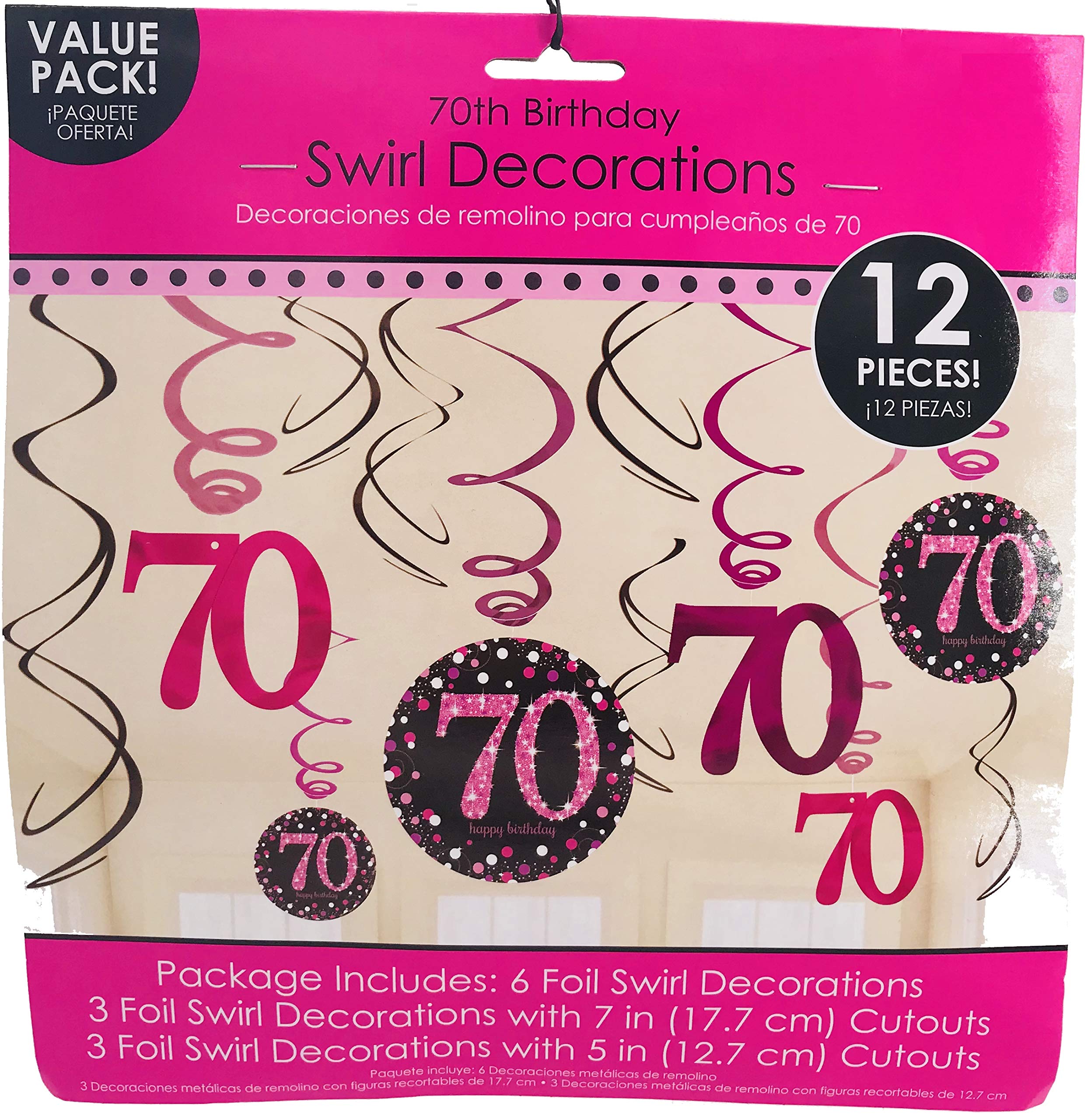 12-teilige Swirl-Deckendeko Zahl 70 – Glitzer-Dekoration Zum 70. Geburtstag In Pink, Schwarz, Silber