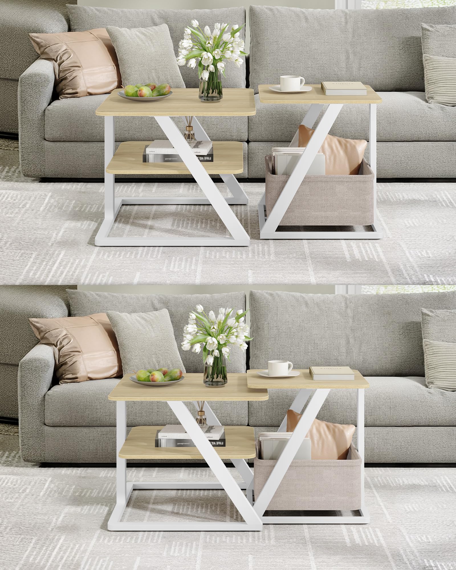 Hzuaneri Table Basse Gigogne Lot de 2, Blanc Bois Coloris