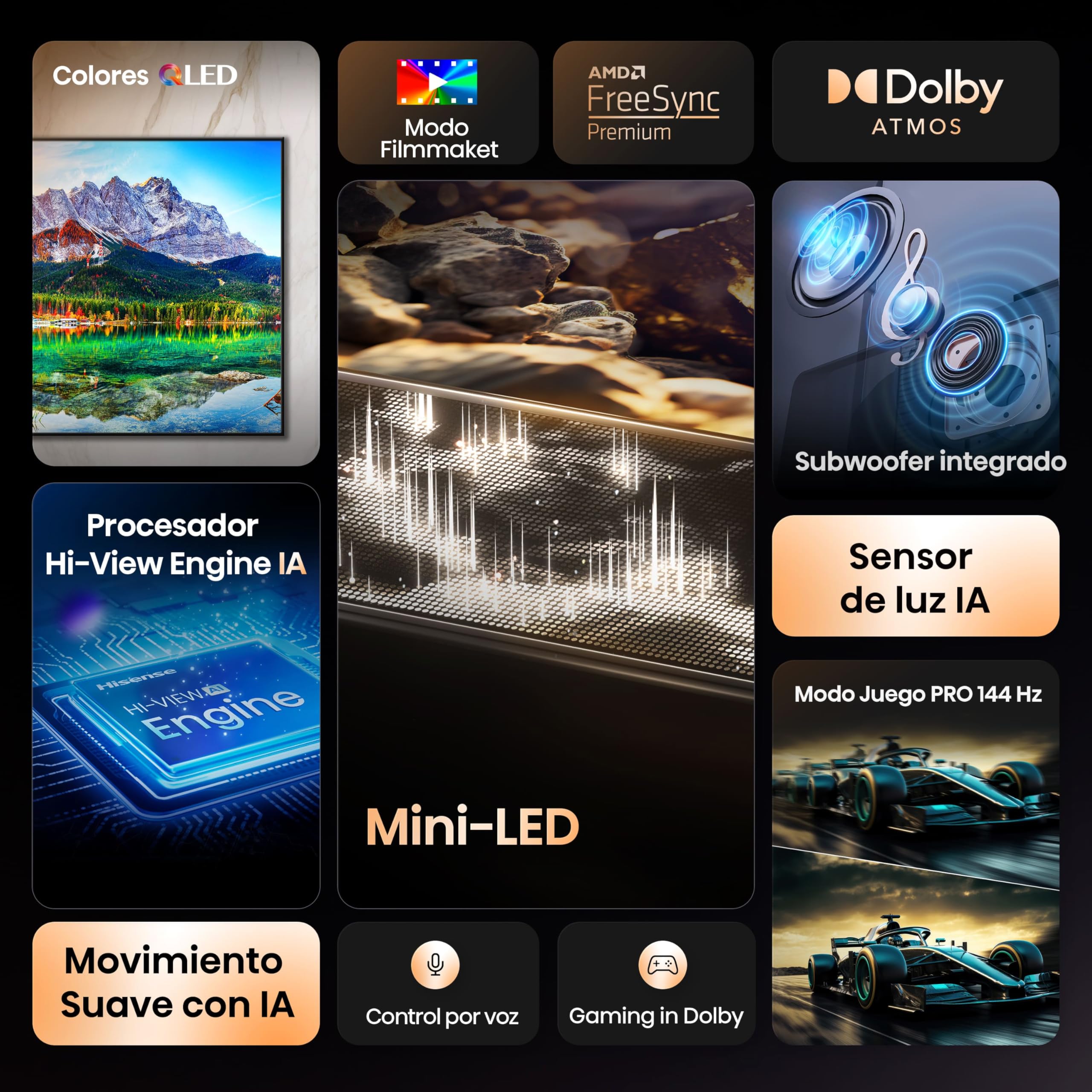 Hisense 55E8Q - Mini LED Smart TV, Quantum Dot, 144Hz, Subwoofer Integrado, Dolby Vision IQ & Dolby Atmos, Full Array Local Dimming, Procesador Hi-View Engine