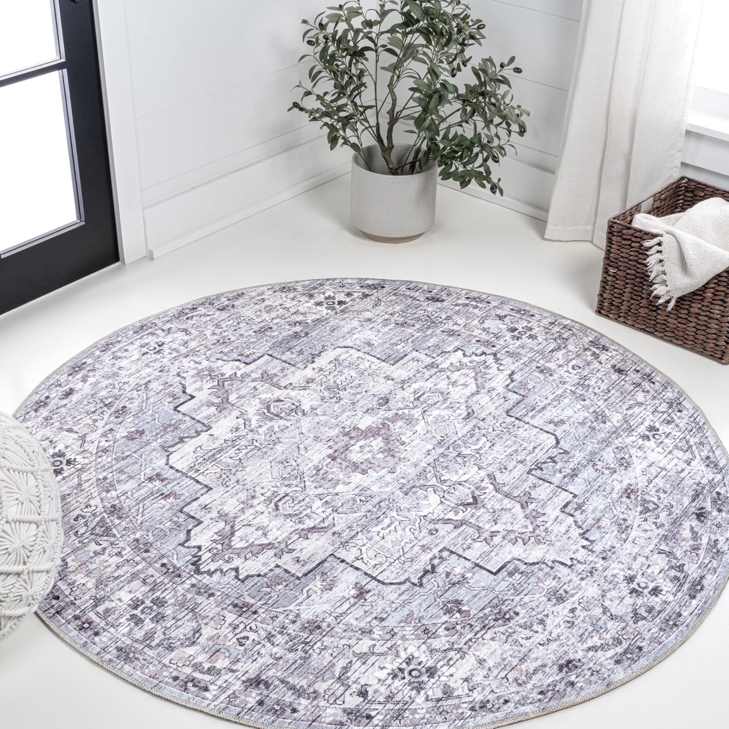 JONATHAN Y Machine Washable Gray/Purple Round Area Rug 6 ft, Didim Boho Medallion for Living Room, Bedroom, Kitchen, Office, Easy-Cleaning, High
