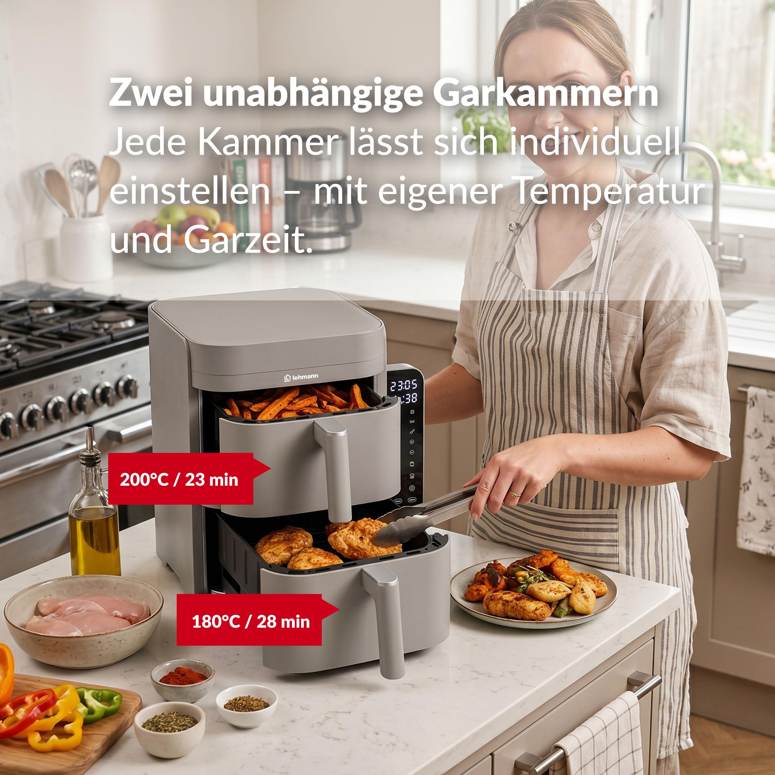LEHMANN Frytkownica na gorące powietrze, 2 komory XXL, 12 l, 2 pionowe szuflady, 40-230 °C, powłoka nieprzywierająca, 10 programów, oszczędność miejsca, bezolejowa podwójna komora Airfryer dla dużej