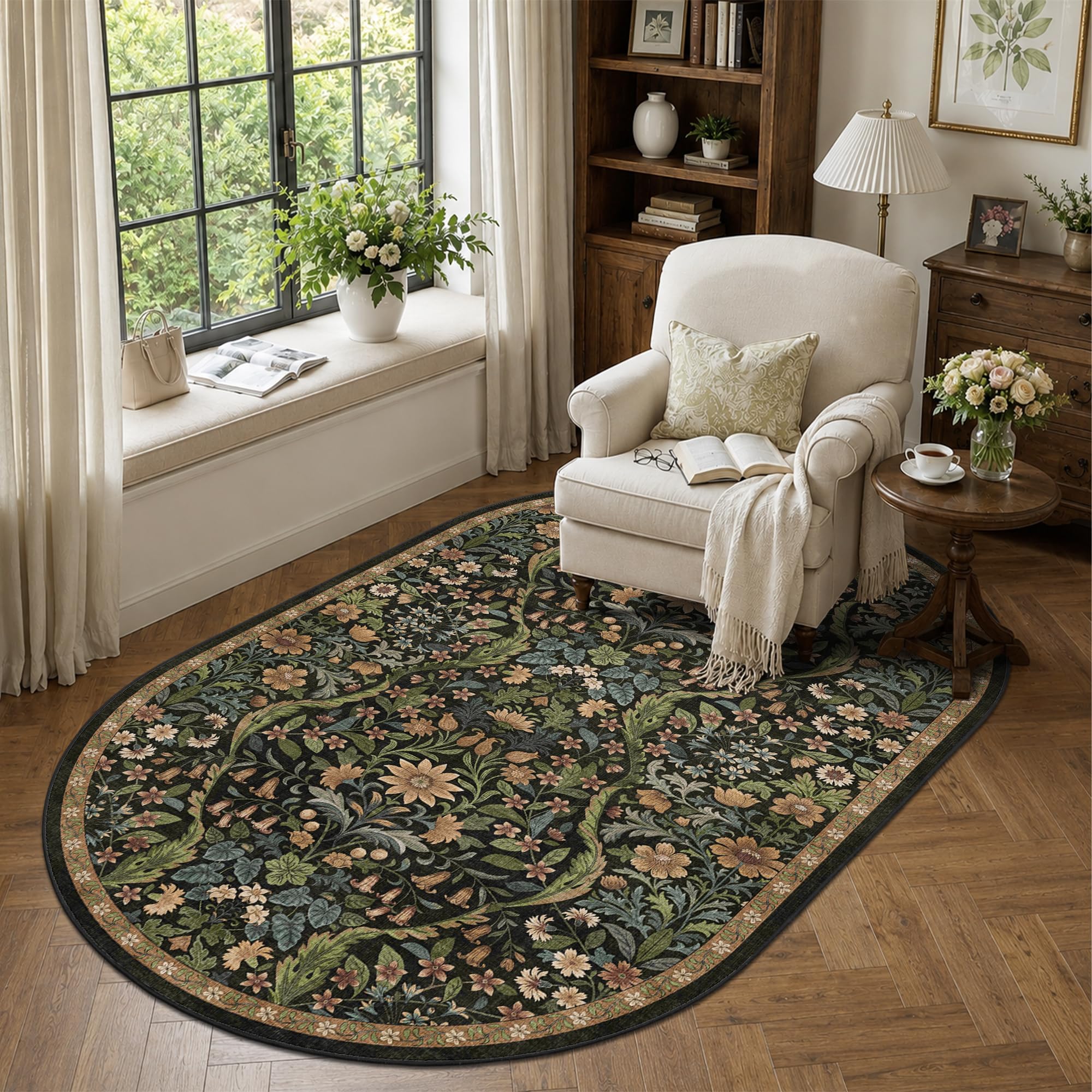 3x5 Oval Rug Washable Floral Print Rug Non-Slip Indoor Carpet