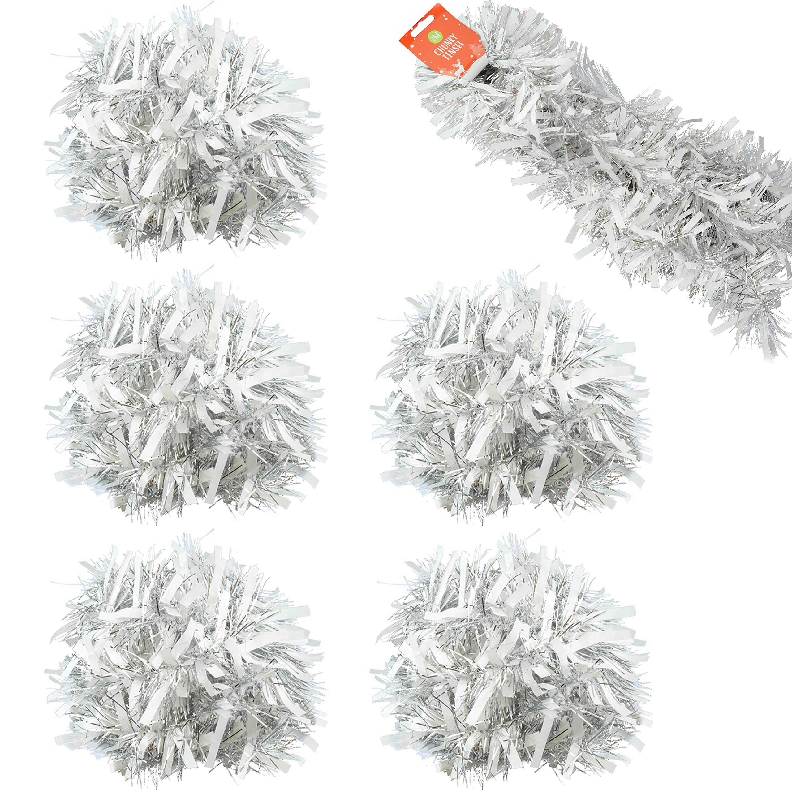 5x White/Silver Christmas Party Decoration Tinsel, Decoration Holographic Chunky Tinsel size-2m (White/Silver, 5)