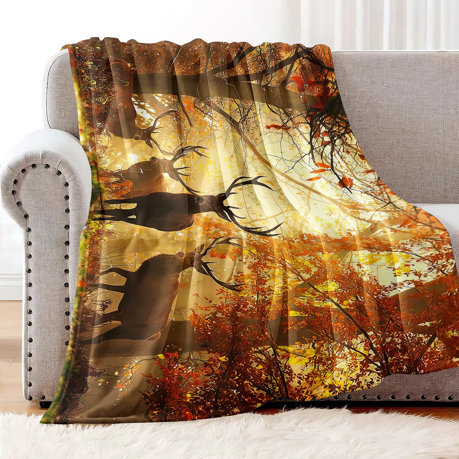 YISUMEI Decke 150x200 cm Kuscheldecken Sanft Flanell Weich Fleecedecke Bettüberwurf Hirsch im Herbst Wald