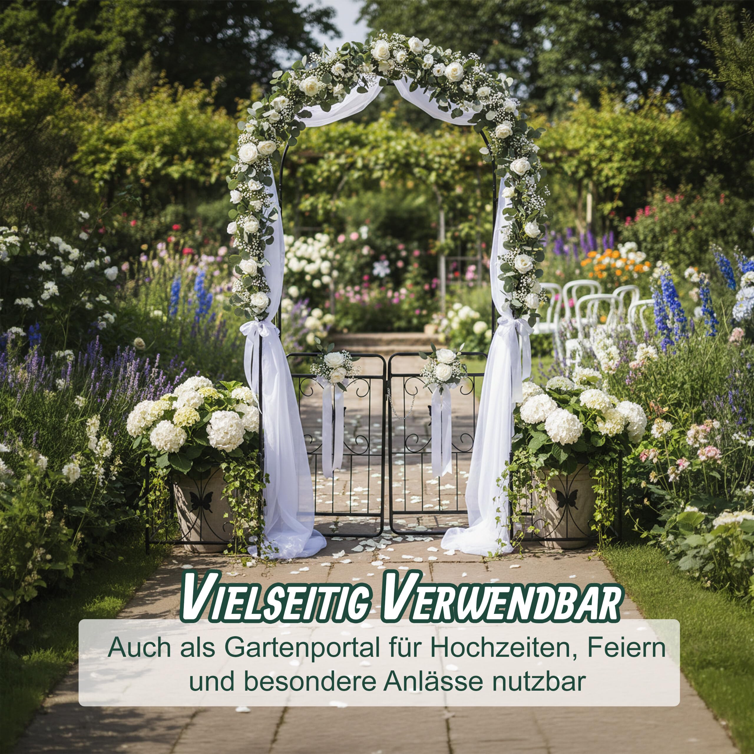 Relaxdays Rosenbogen Metall, Rundbogen mit Tor & 2 Pflanzkästen, HBT: 220x202x50 cm, Rankbogen Garten, Rosentor, schwarz