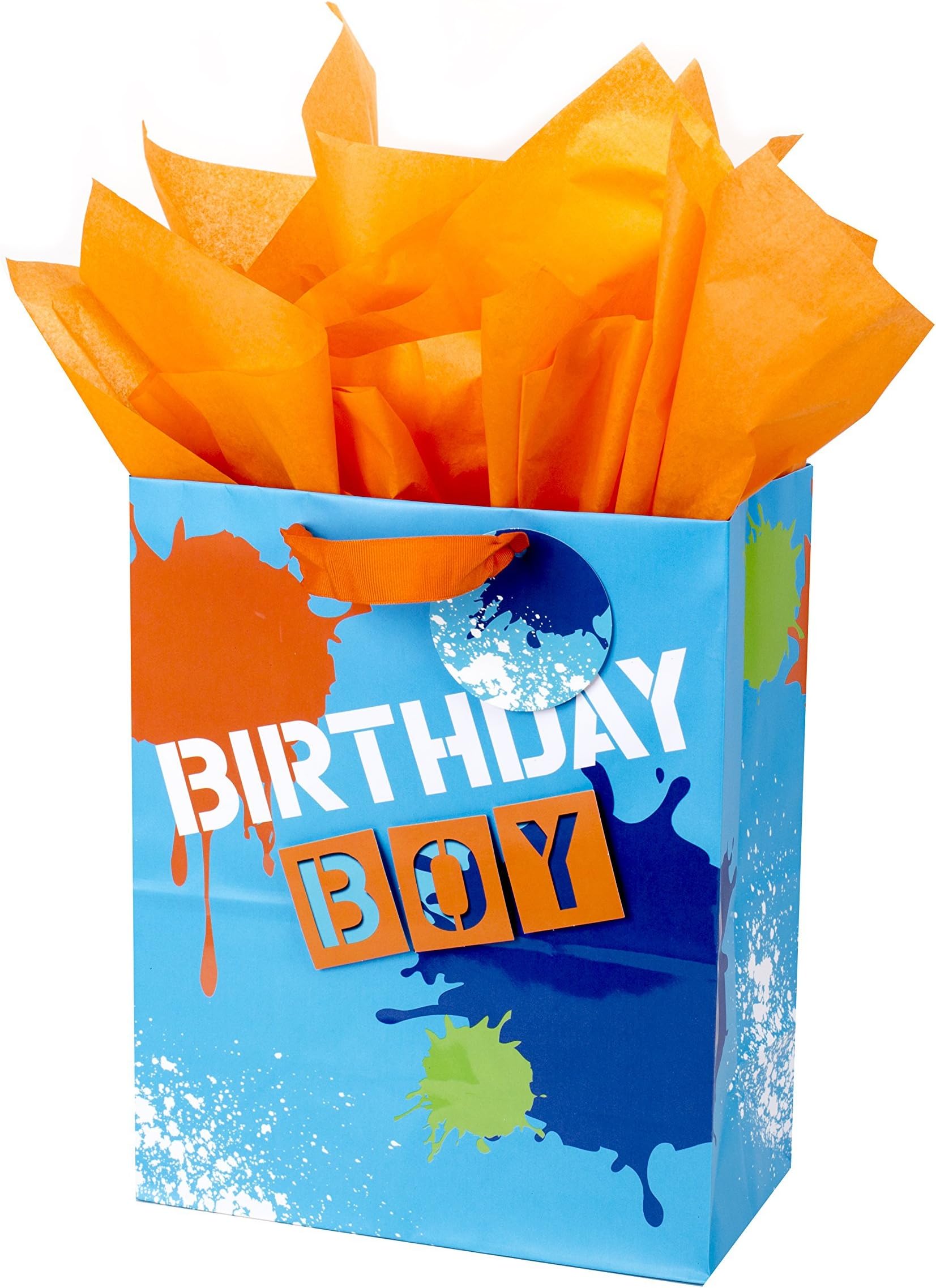 Hallmark 13" Large Gift Bag with Tissue Paper (Blue and Orange Birthday Boy) for Birthdays, Kids Parties and More