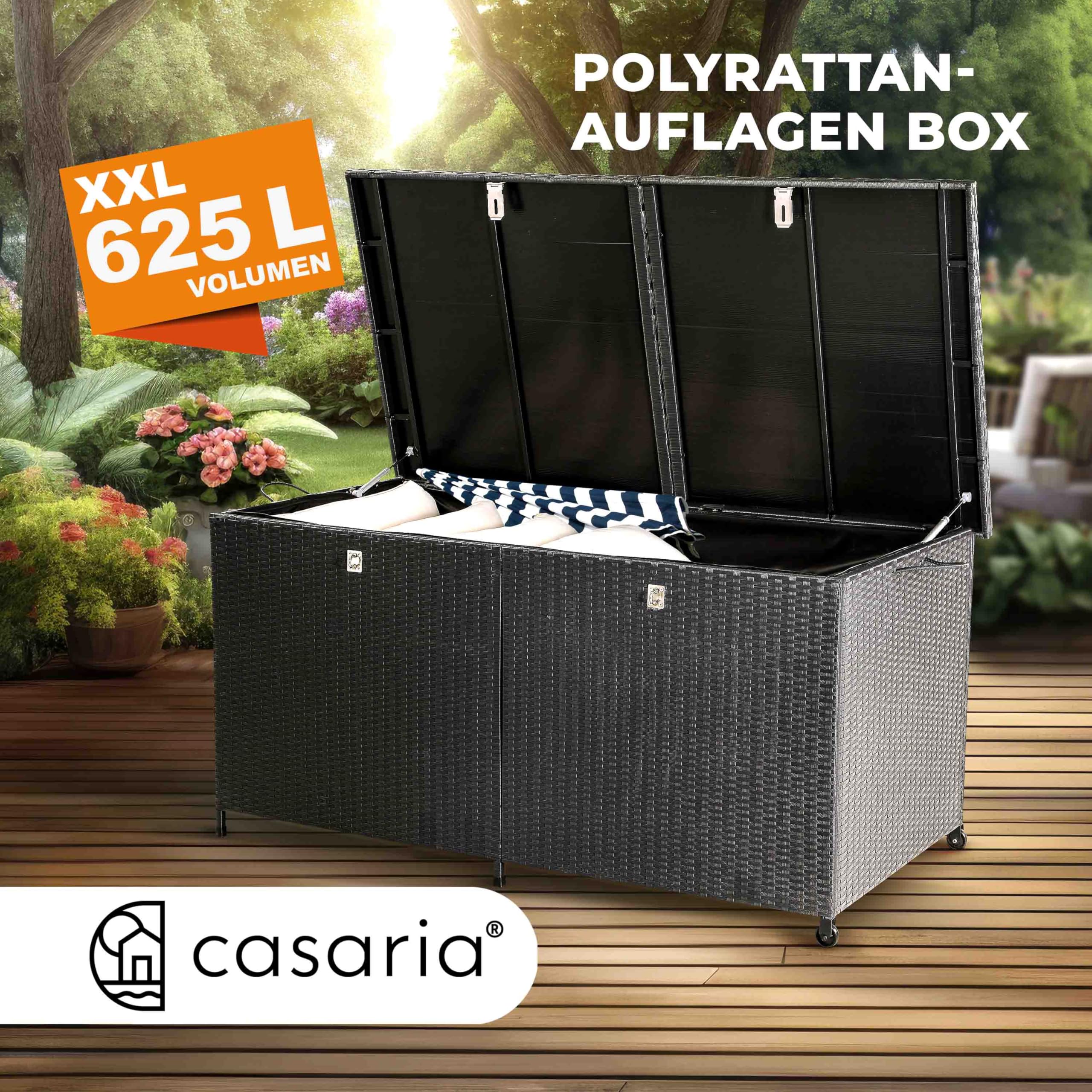 Casaria® Gartenbox XXL Polyrattan Wetterfest 625L UV-beständig Griffe Rollen Gasdruckfeder Garten Wintergarten Auflagenbox Kissenbox 150x77cm Schwarz