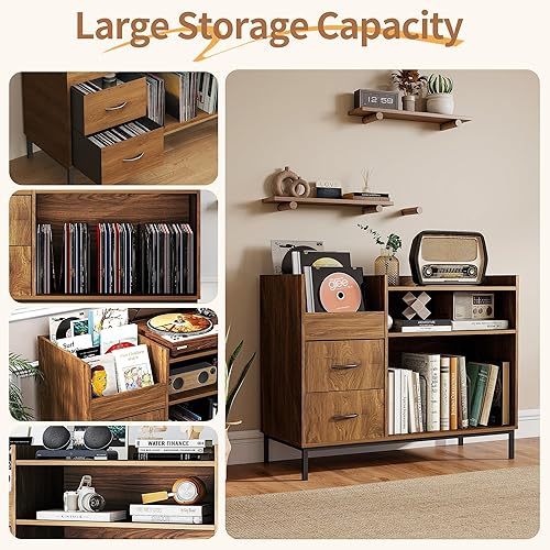 Miniatura 3 de Soporte para tocadiscos con almacenamiento de vinilo y cajones, más de 500 gabinetes de almacenamiento de discos de vinilo con patas de metal