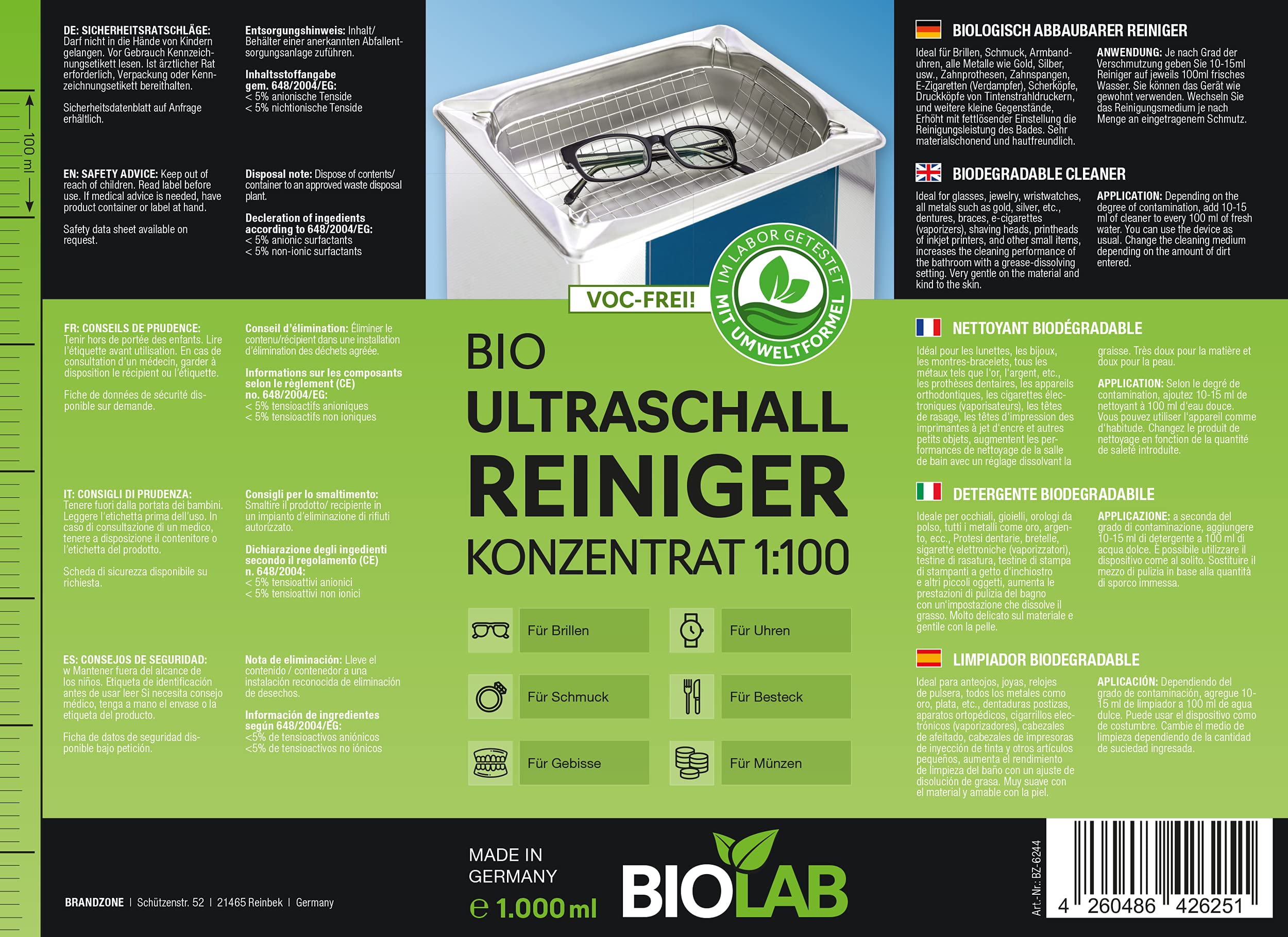 BIOLAB Nettoyant ultrasonique bio concentré 1:100 (1000 ml) pour le nettoyage des lunettes, bijoux, pièces de monnaie, prothèses dentaires - Liquide pour appareil de nettoyage à ultrason