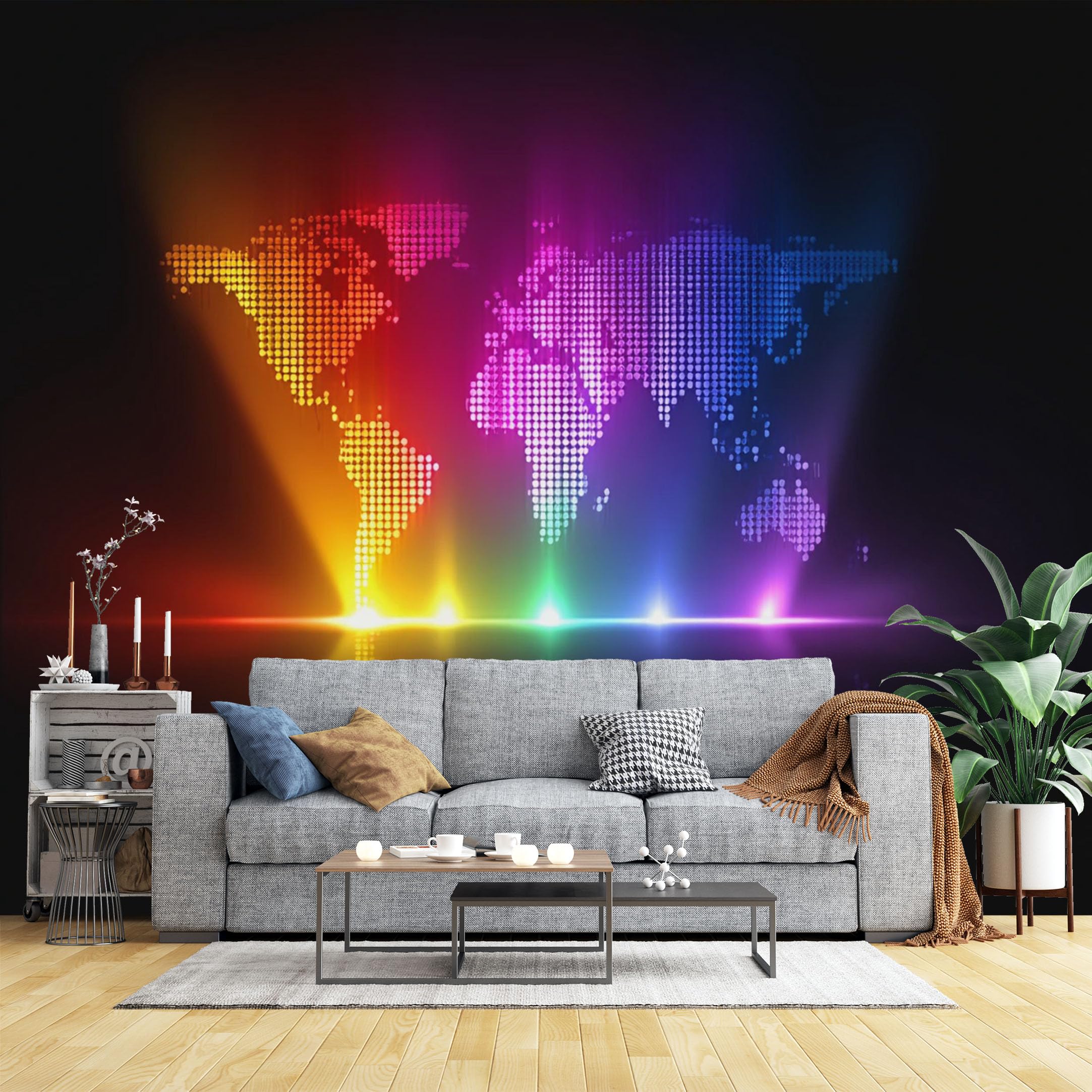 Custom Size Wall Murals Colorful LED World Map Wall Murals tech-Inspired Geography Wallpaper, Large Photo Wallpaper Self-Adhesive Removable Wallpaper for Office