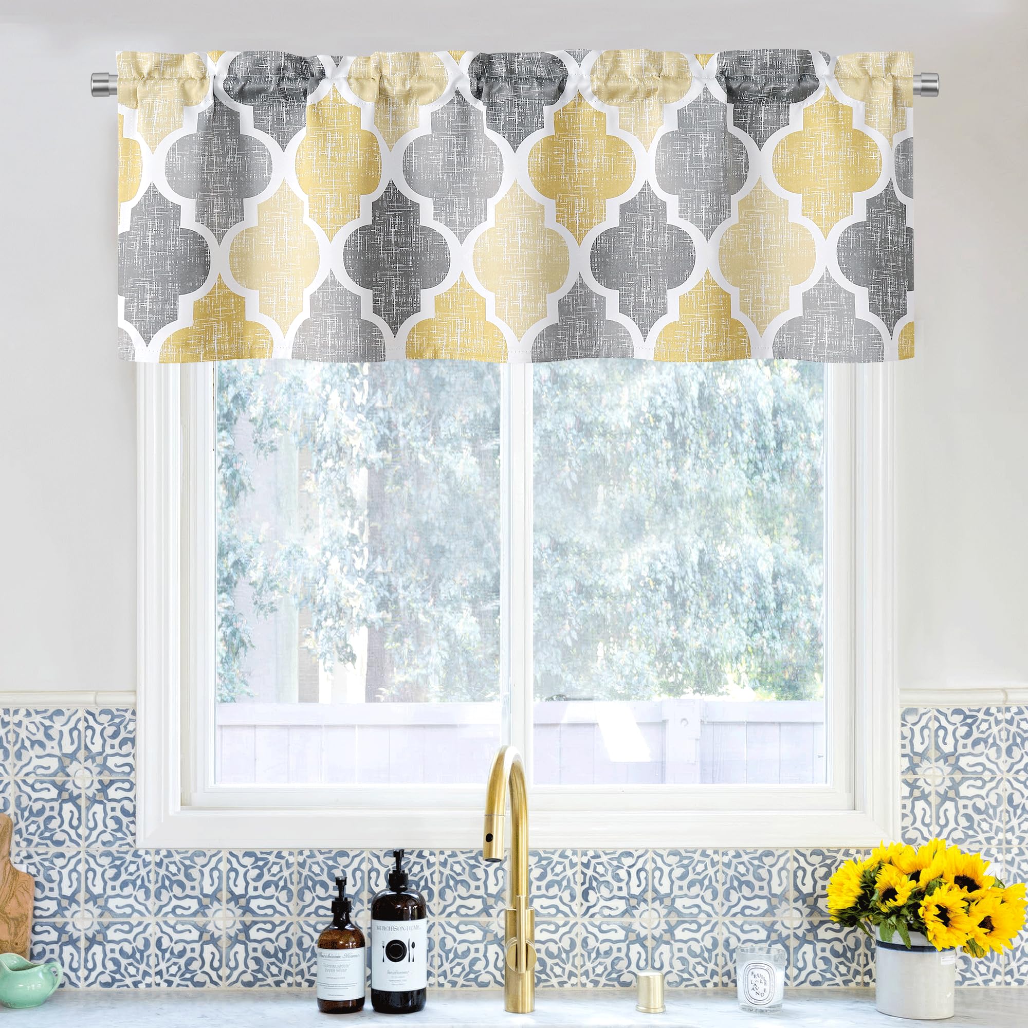Beauoop Blackout Window Valances Curtains Geometric Quatrefoil Trellis Printed Room Darkening Thermal Insulated Rod Pocket Short Valance Curtains Cafe
