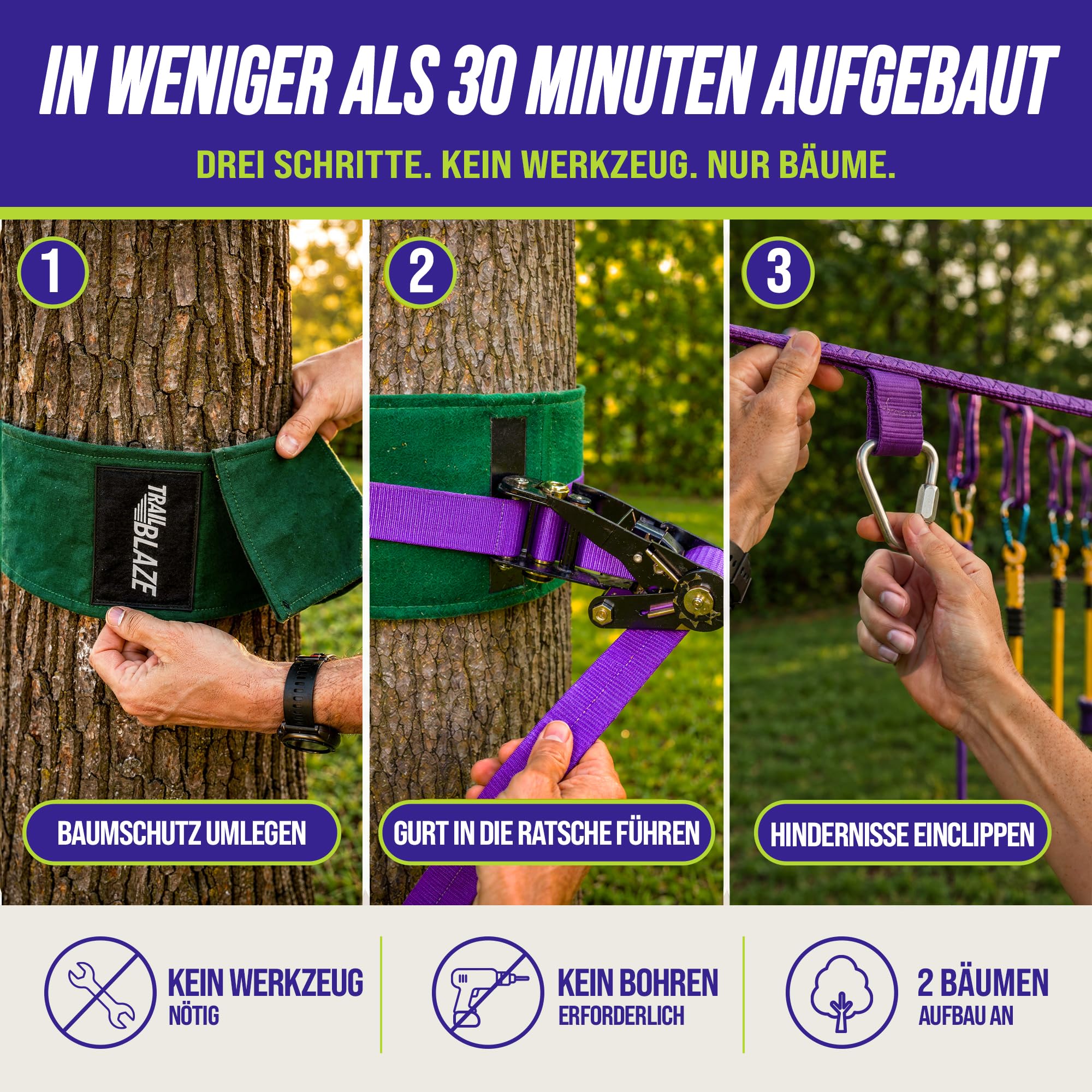 Trailblaze Ninja Warrior Hindernisparcours für Kinder – Fitnessgerät für den Garten mit 2 x 16,8 m Slacklines und 10 wetterfesten Hindernissen – Ninja Parcours für draußen