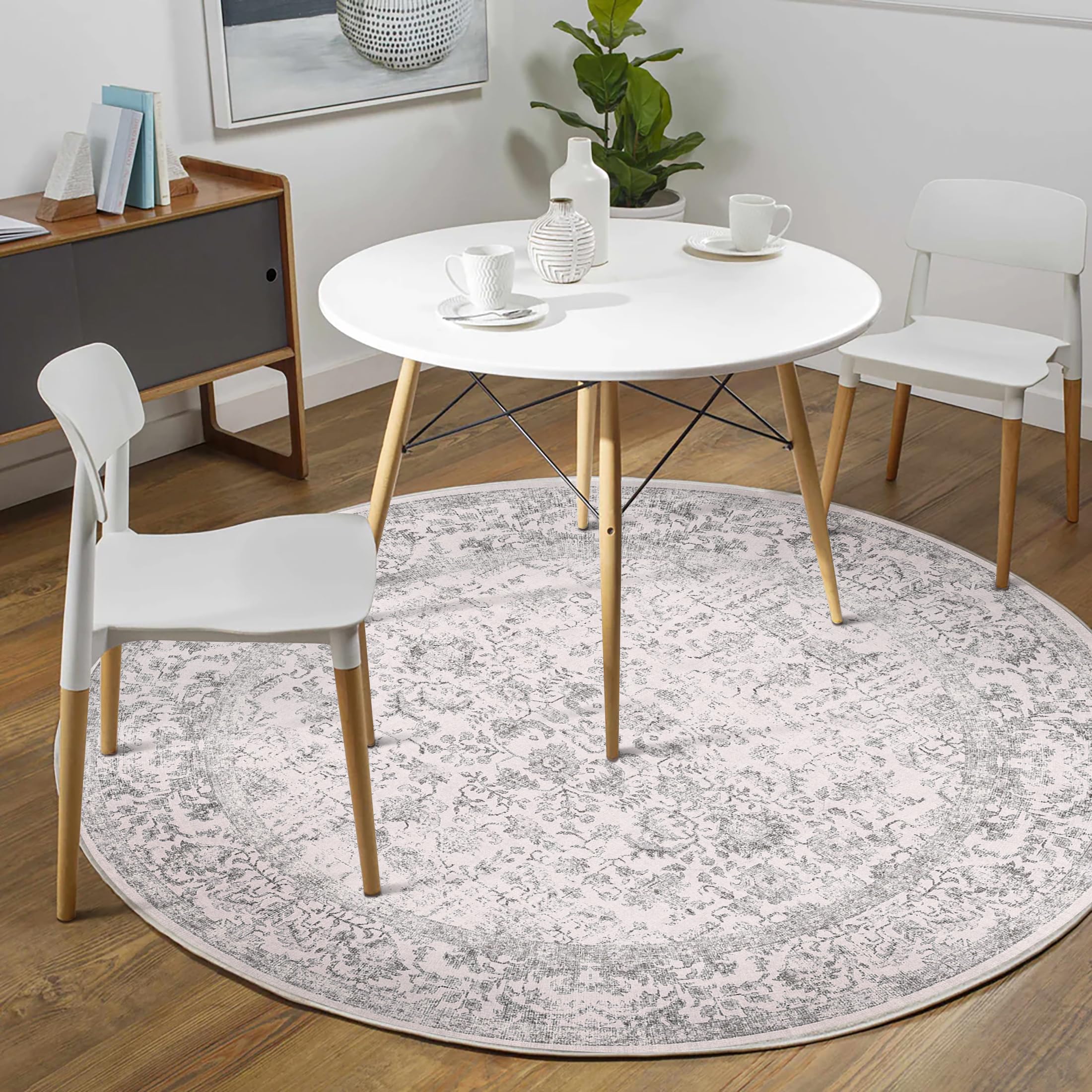 HUGEAR Vintage Grey Round Rug 120cm Washable Non Slip Circle Area Rugs Living Room Bedroom Kitchen Hall Lounge Bedside Office Dining Room Indoor Carpet Low Pile Circular Carpets - Image 3