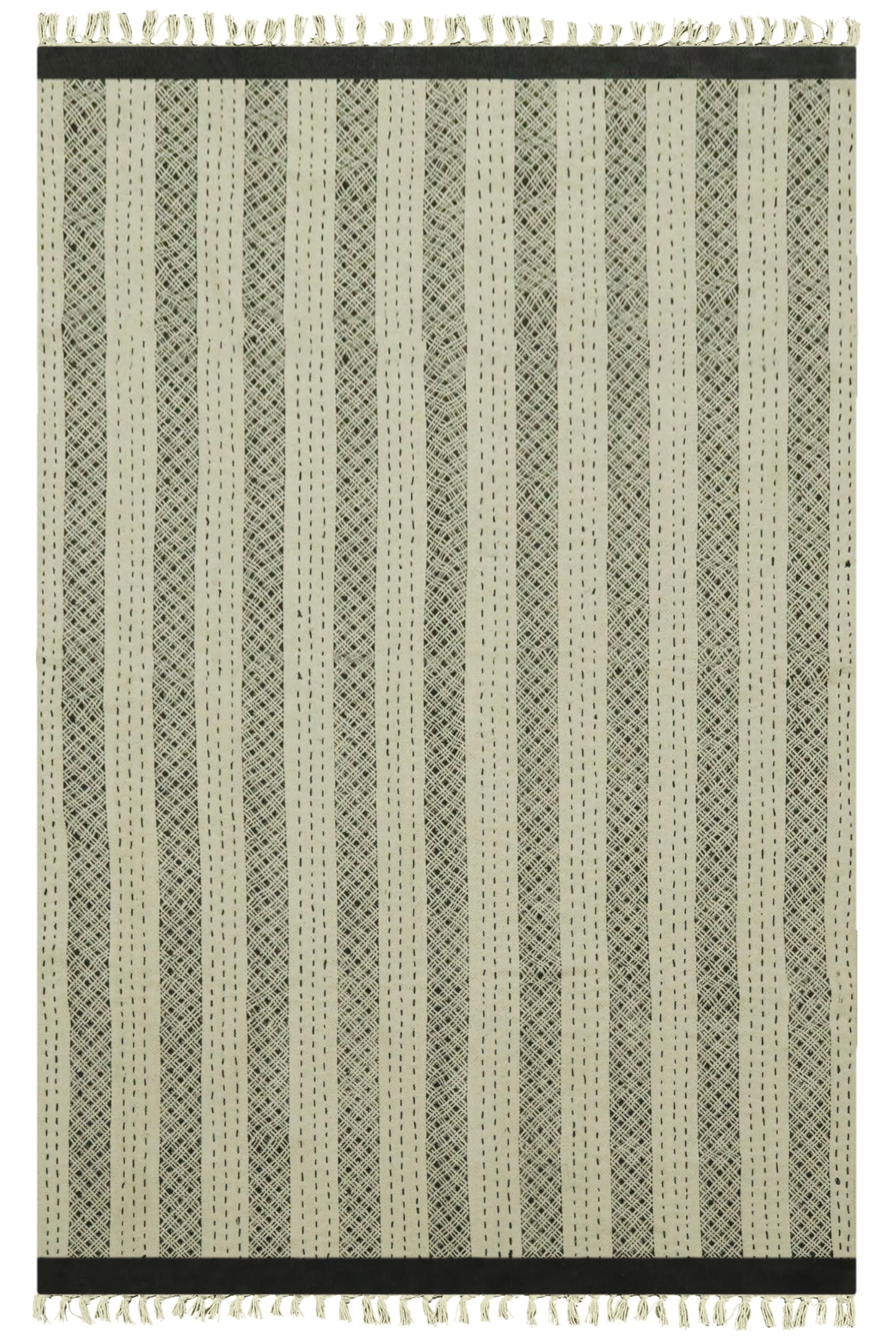 Dhurrie Kelim-Teppich, handbedruckt, Baumwolle, 30,4 cm, Beige / Schwarz, geometrisches Design, Handwäsche, 0,5 cm dick, handgefertigt, Boho, für drinnen und draußen, Flachgewebe, für Flur, Esszimmer