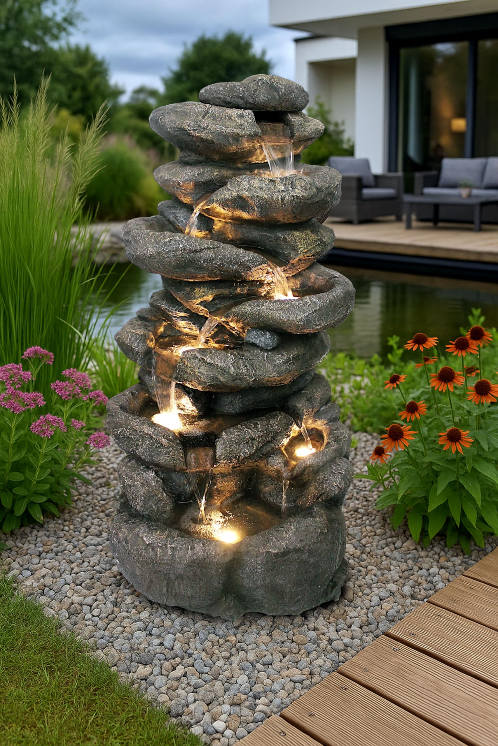 Grande Fontaine de Jardin BK902 avec éclairage LED Fontaine Cascade en Pierre Grande décoration de Jardin Aspect Pierre 100 cm