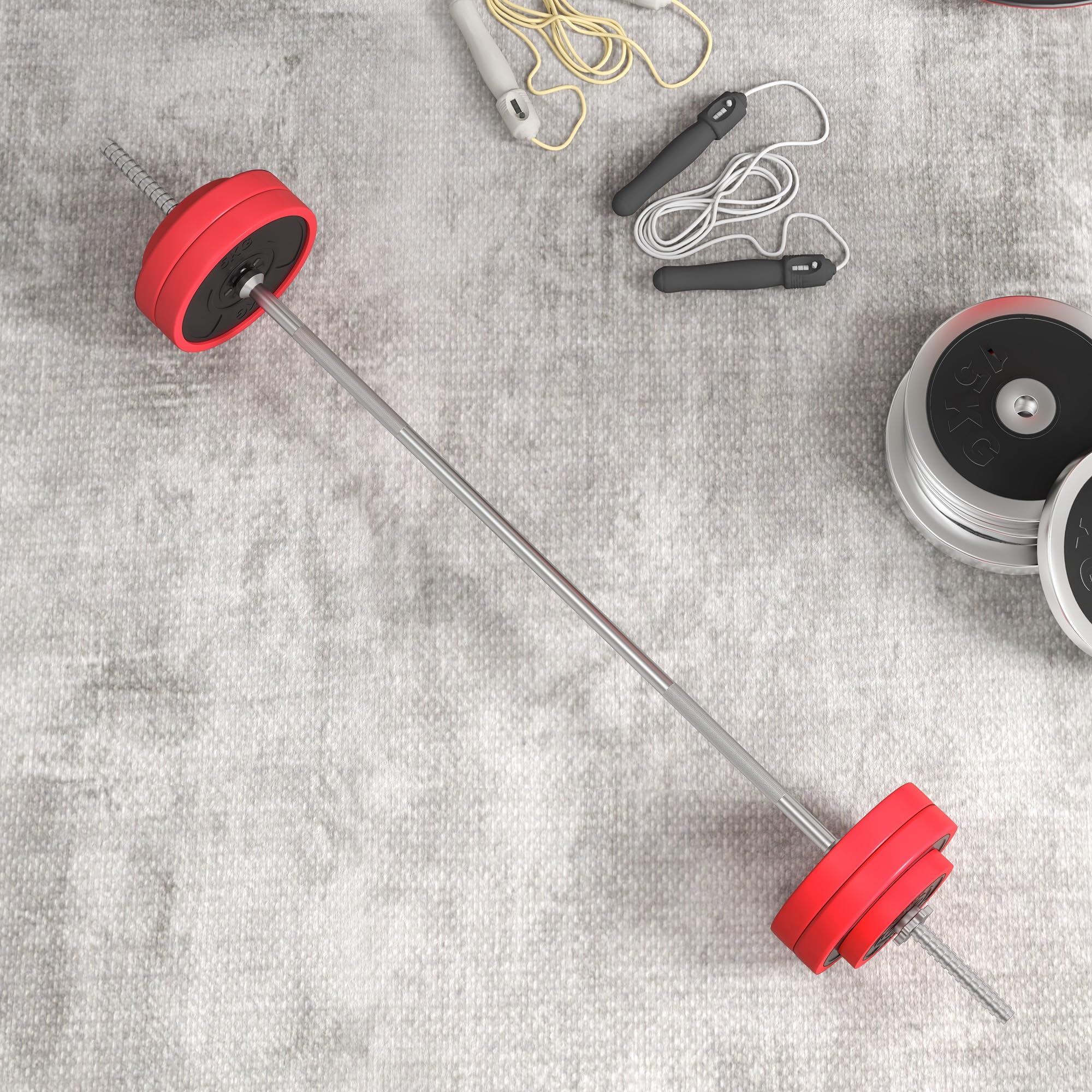 SPORTNOW Set di Bilanciere e Dischi da 30 kg totali con 6 Pesi e 2 Dadi di Fissaggio, Bilanciere Palestra Regolabile Antiscivolo in Acciaio, Plastica e Sabbia, Barra Ø25 mm, 170x26x26 cm, Rosso