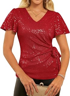 GRACE KARIN Damen Pailletten Oberteil Elegantes Glitzer Kurzarm Blusen