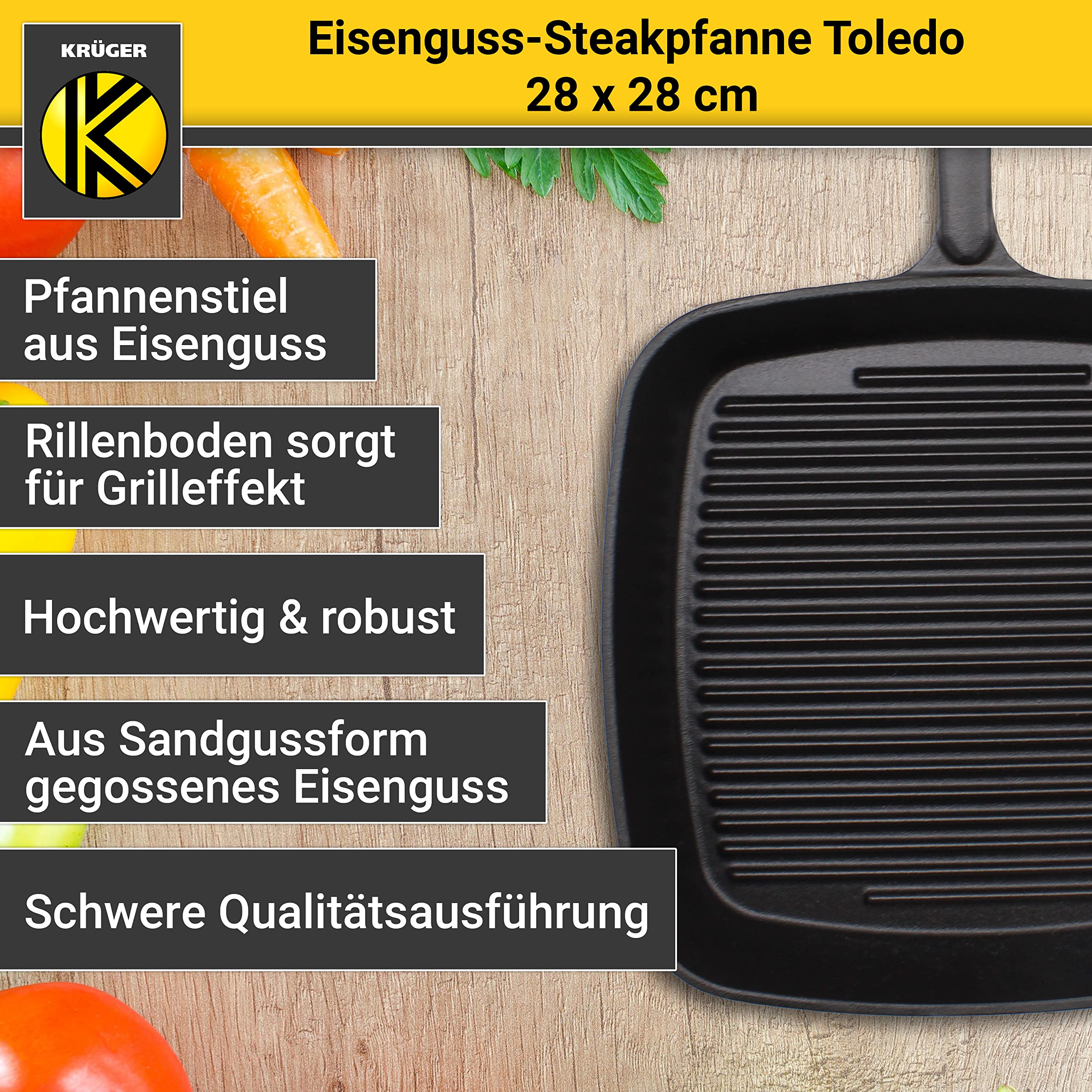 Krüger Gusseisen Steakpfanne Toledo 28x28 cm Rillenboden | Induktion