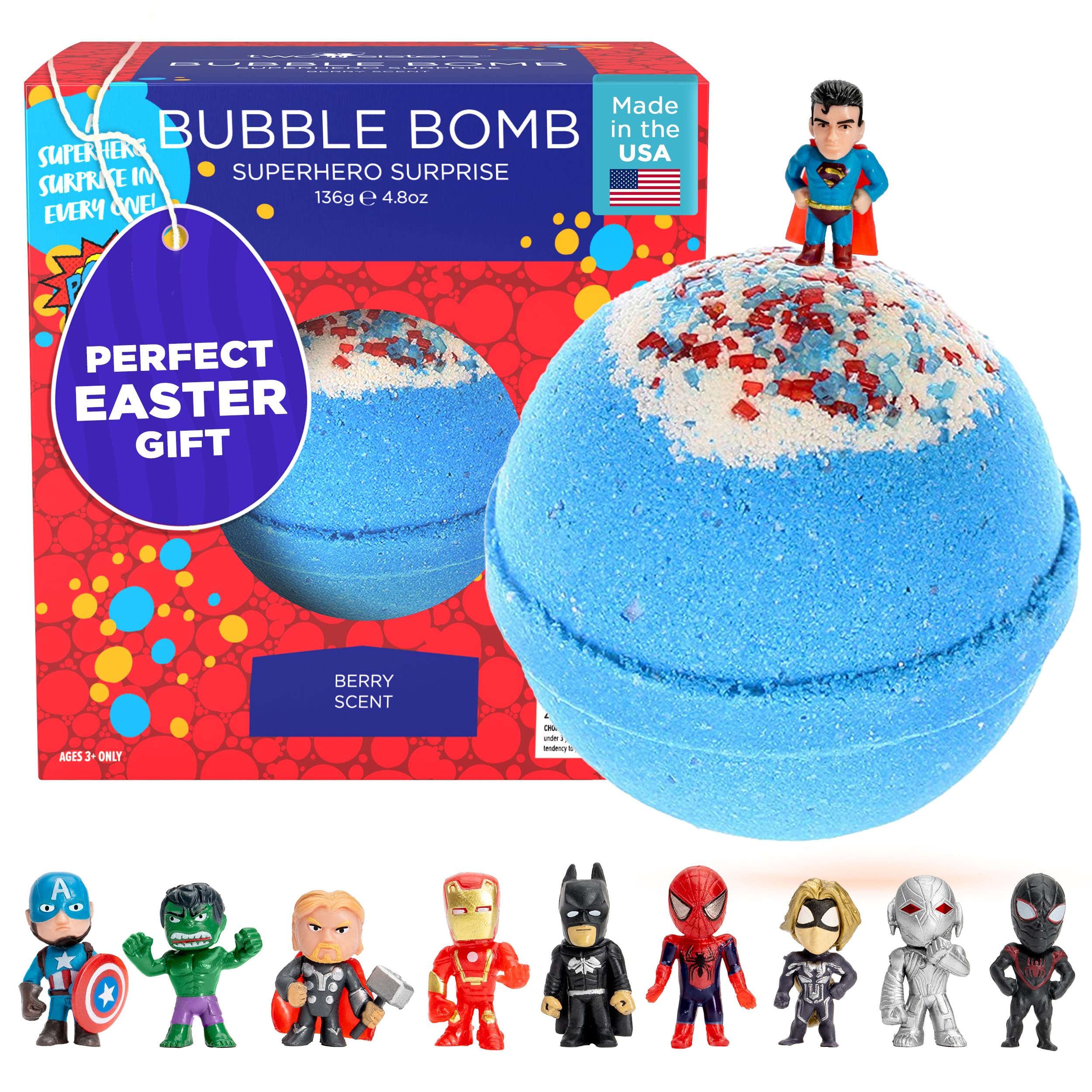 Superhero Bath Bombs for Kids & Boys with Surprise Hero Toys Inside (1 Pack) - Large Bubble Bath Bombs for Boys & Girls - Boys Easter Basket Stuffers & Gifts - Fruity Scent, USA Made by Two Sisters