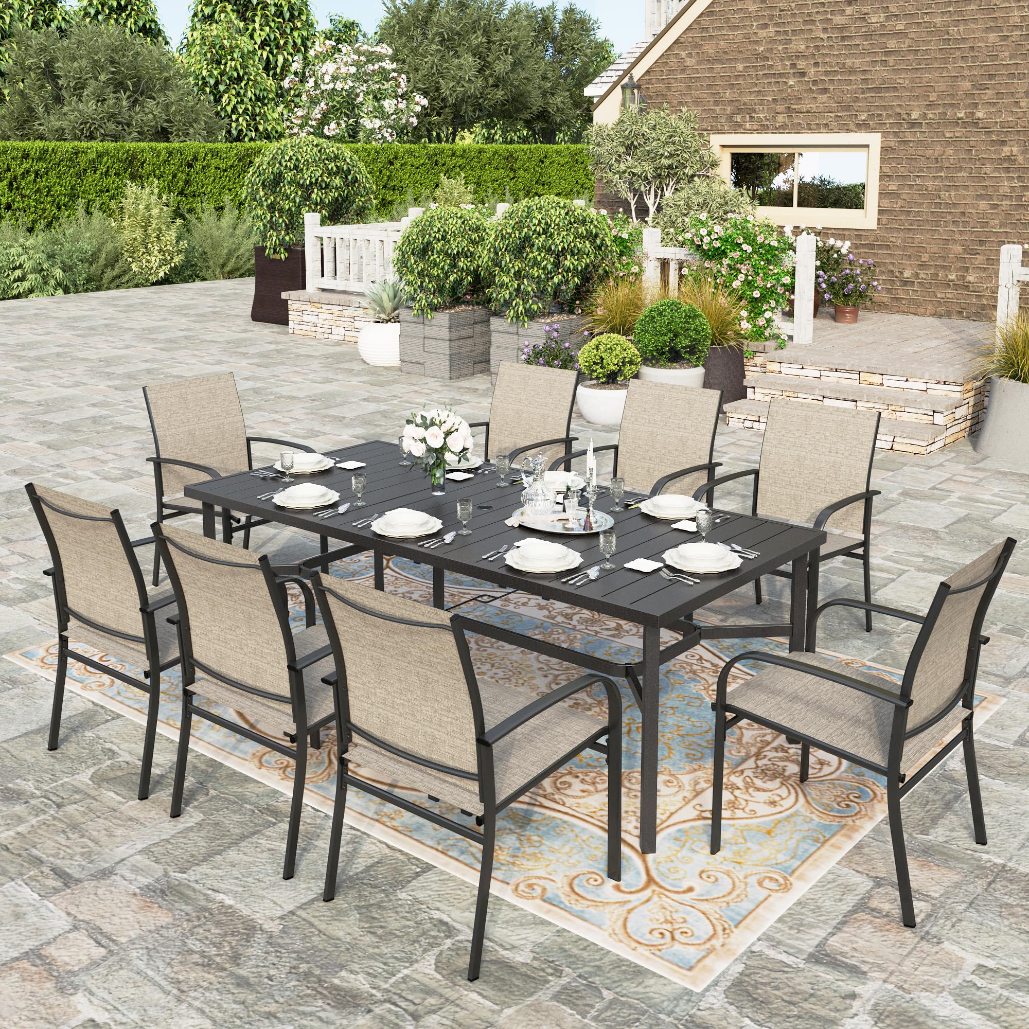 HERA'S HOUSE 9 Pieces Patio Dining Set, 8 x Brown Textilene Patio Chairs and 1 x 83 Large Rectangle Dining Table, Outdoor Furniture Set for Deck Garden Backyard Lawn Poolside