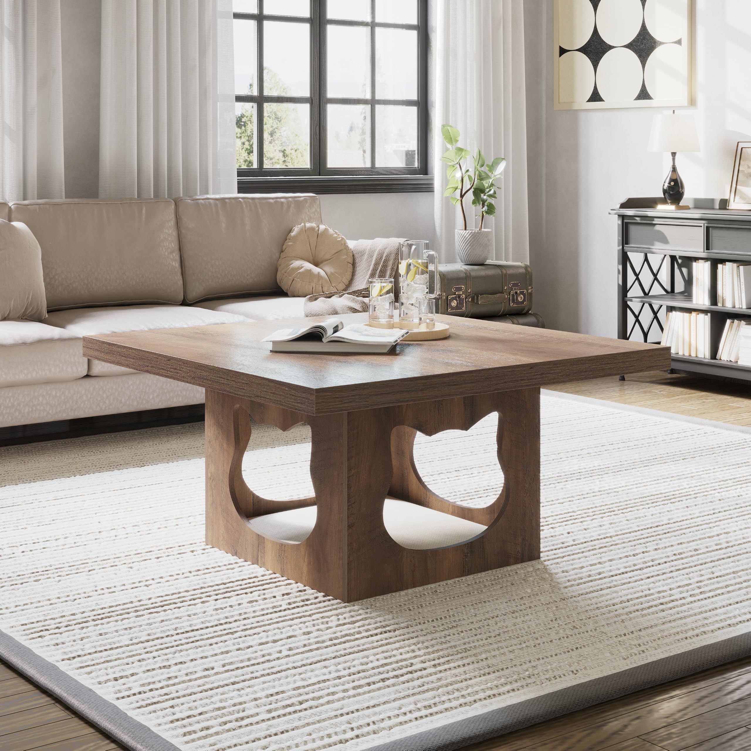 HSH Couchtisch Holz Wohnzimmertisch Sofatisch Beistelltisch Couchtisch mit Katzenhaus Kissen Industrieller Quadratischer Tish Rustikal Eiche 90 cm Küche, Haushalt & Wohnen