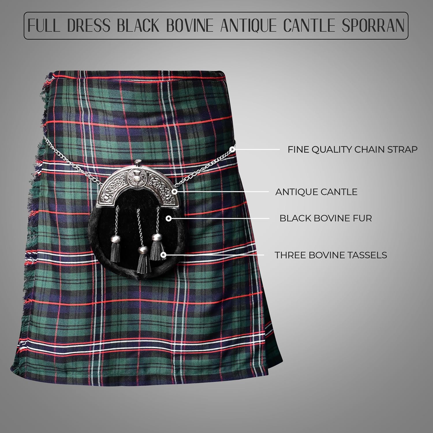 HIGHLAND REDSTONE Sporran Kilt for Men Premium Leather Quality Scottish Bovine Sporran with Chain Belt Kilt Accessories