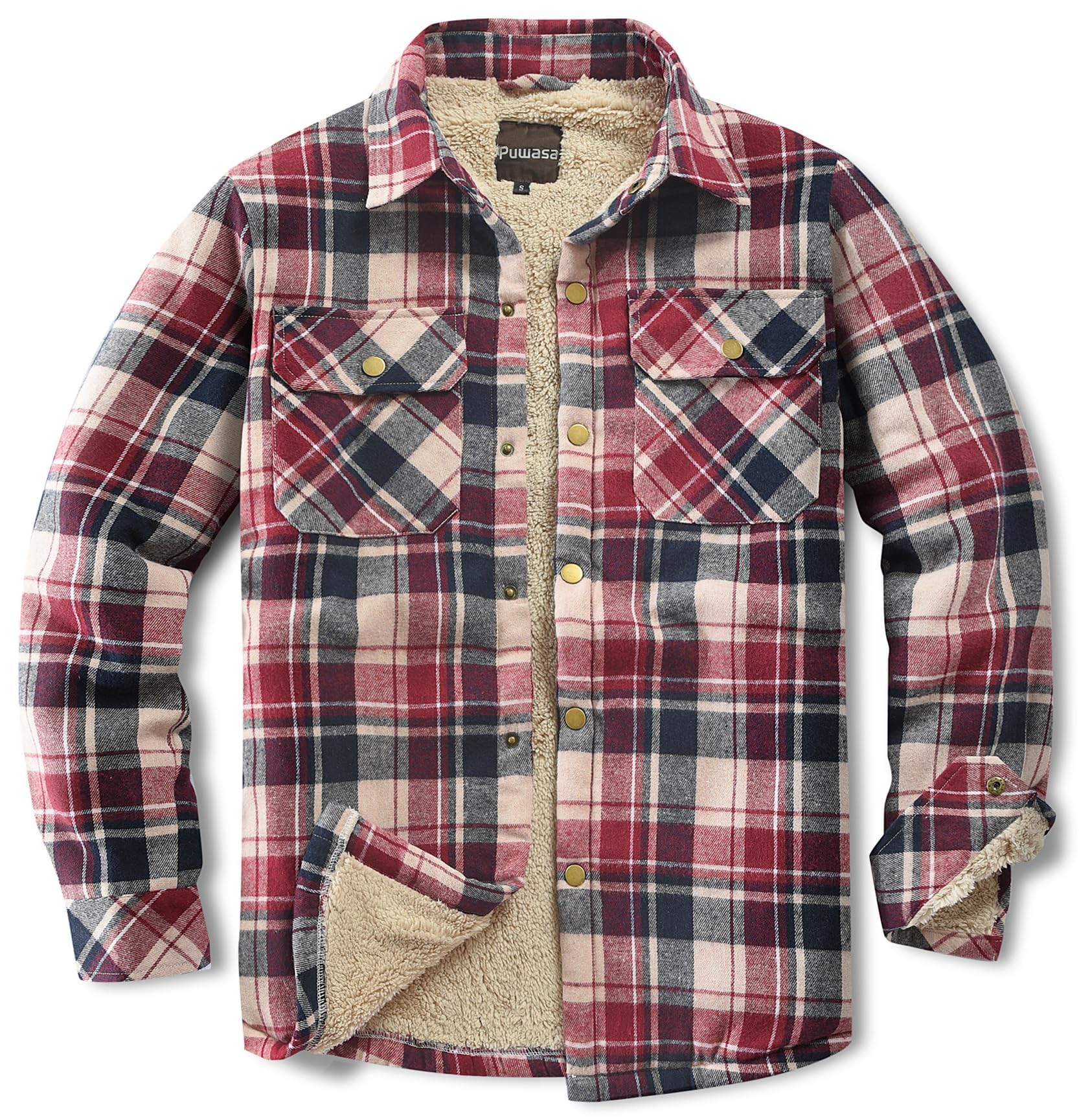 Men's Sherpa Cotton Flannel Shirt Jacket Plaid Button Coat Pocket