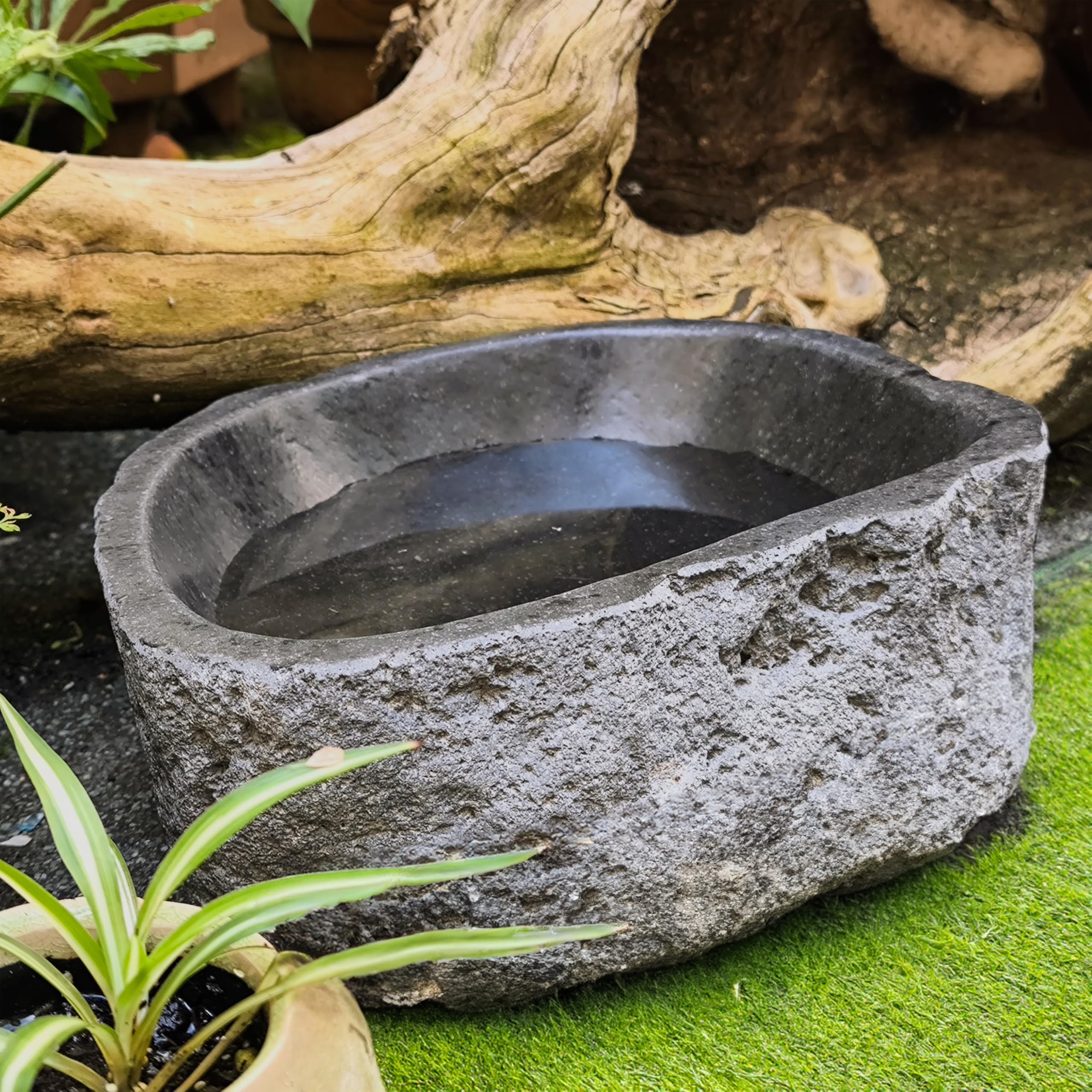 Steintrog Vogeltränke - Tier-Wassernapf aus Naturstein - Handgefertigte Schale - für Vögel, Hunde & Katzen - Frost- & Wetterfest - Garten Deko Wasserschale (Massiv)