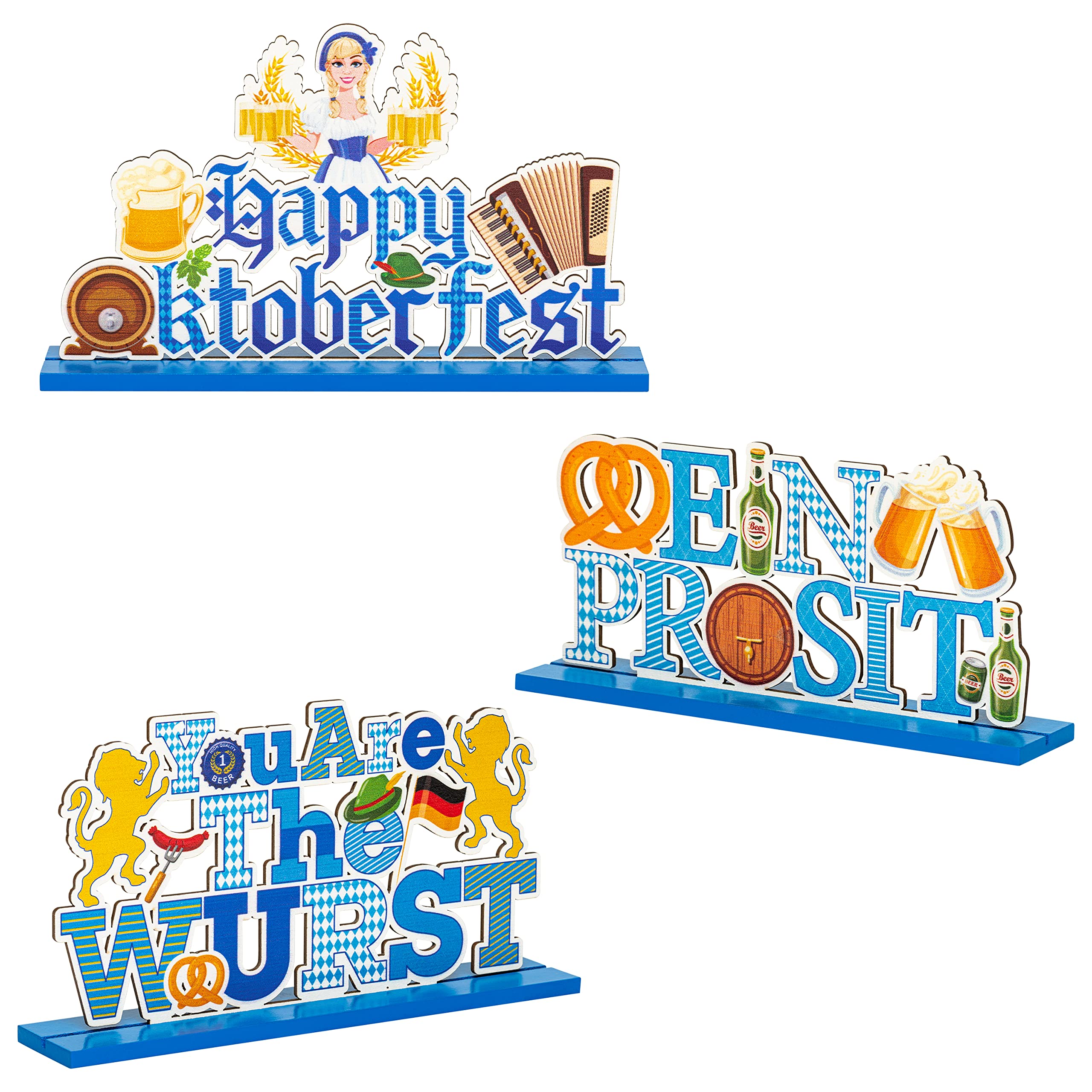GROBRO7 3Pcs Oktoberfest German Beer Festival Holiday Wood Centerpiece Table Decoration Party Supplies EIN Prosit Centerpieces Signs Bavarian Girl Pretzel Bread Ornaments for Home Bar Dinner Decor