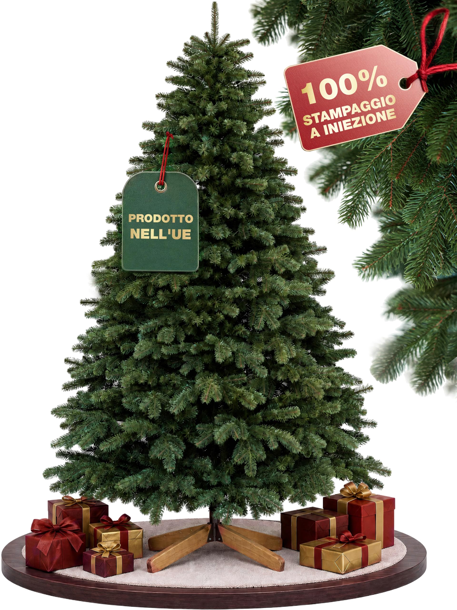 Evergreen Tree® Albero di Natale 180 cm Realistico - 100% Stampato a Iniezione, Rami Folti e Naturali - Albero di Natale Artificiale con Supporto in Legno, Prodotto in UE - Christmas Tree