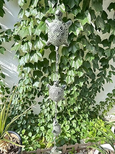 Miniatura 6 de NIKKAPOETRY Cadena de lluvia de tortugas de acero inoxidable y hierro fundido de 8.5 pies para canaletas, verde