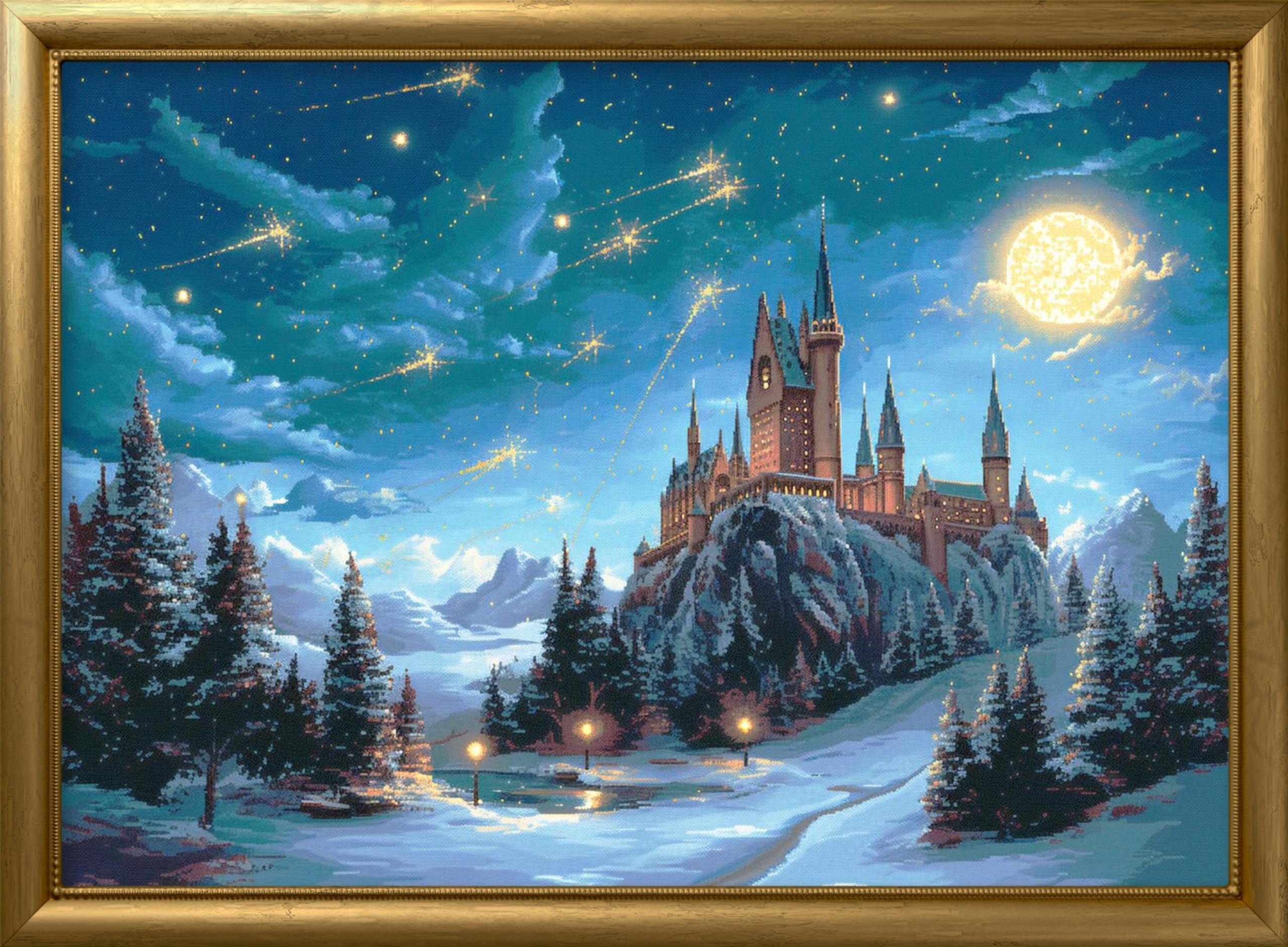Leczany Cross Stitch Patterns Stamped Kit for Beginners | Embroidery Supplies DIY Craft Kit Needlepoint for Adults Starter | 11CT, 3 Strands | Under the Moon Castle 15.8x22.4 inches