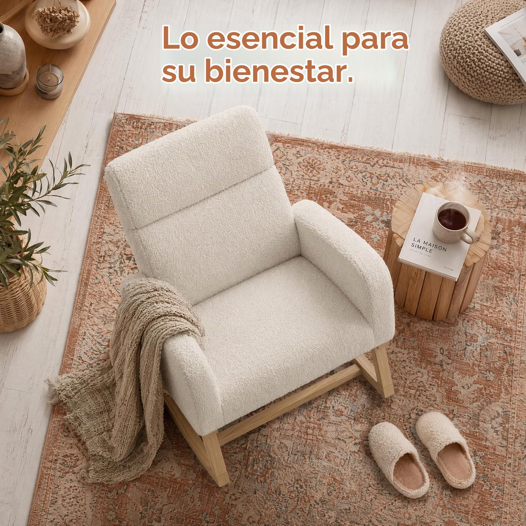 Mecedora, Mecedora con Bolsillos Laterales, Patas de Madera Maciza, sillón, Ideal para el salón y el Dormitorio (Beige)