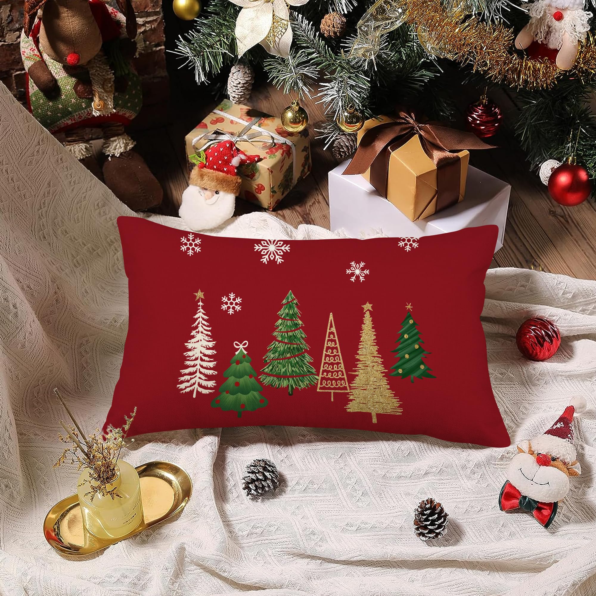 2 Federe Natalizie In Lino Per Cuscini Decorativi – 30x50 Cm, Motivi Di Albero Di Natale, Rosse, Ideali Per Divano, Soggiorno E Camera Da Letto