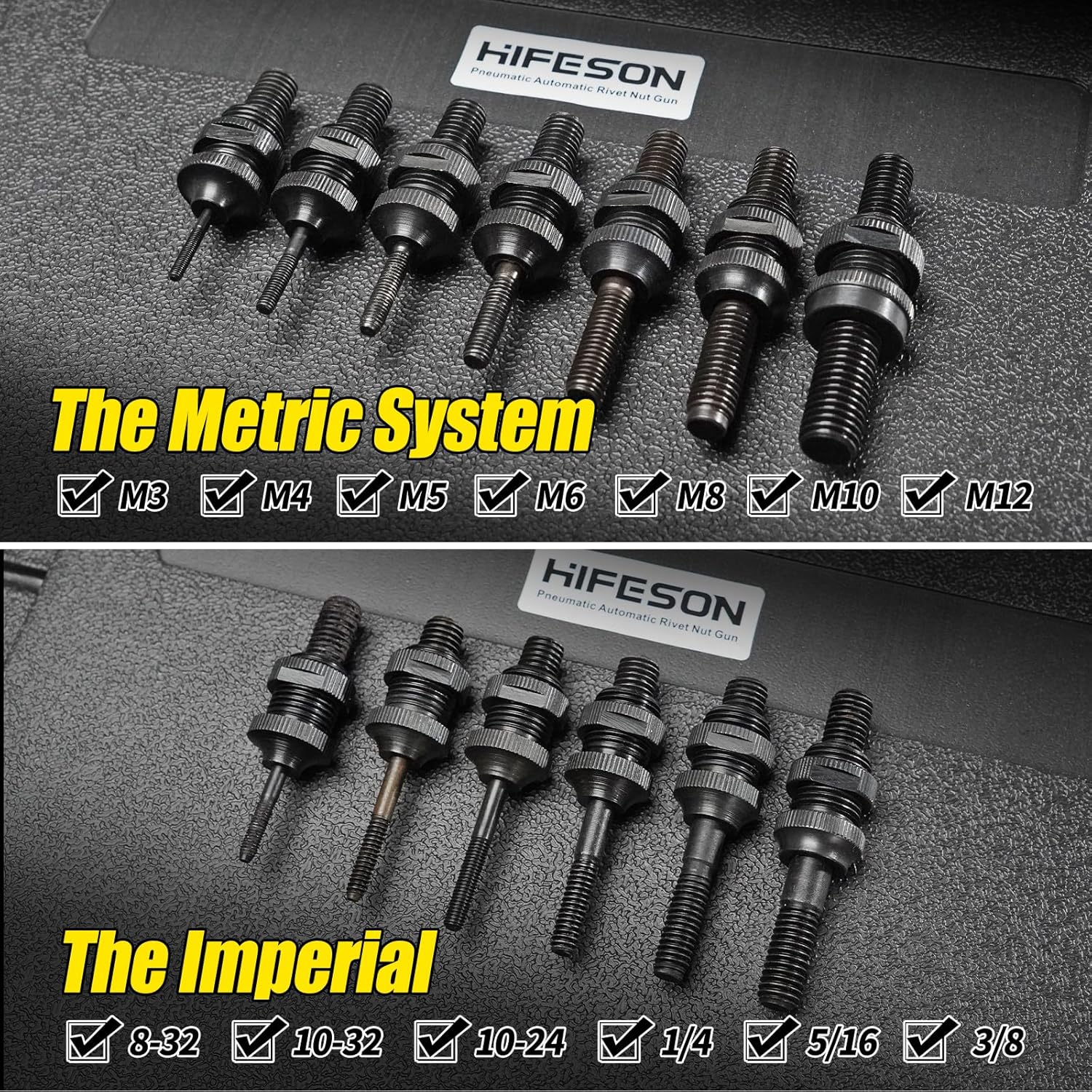HIFESON Heavy Duty Air Hydraulic Rivet Nut Tool, Pneumatic Riveter Automatic Rivet Nut Gun Tool Setting Kit Come with 13 Size Metric and SAE Nose-Piece Assembly