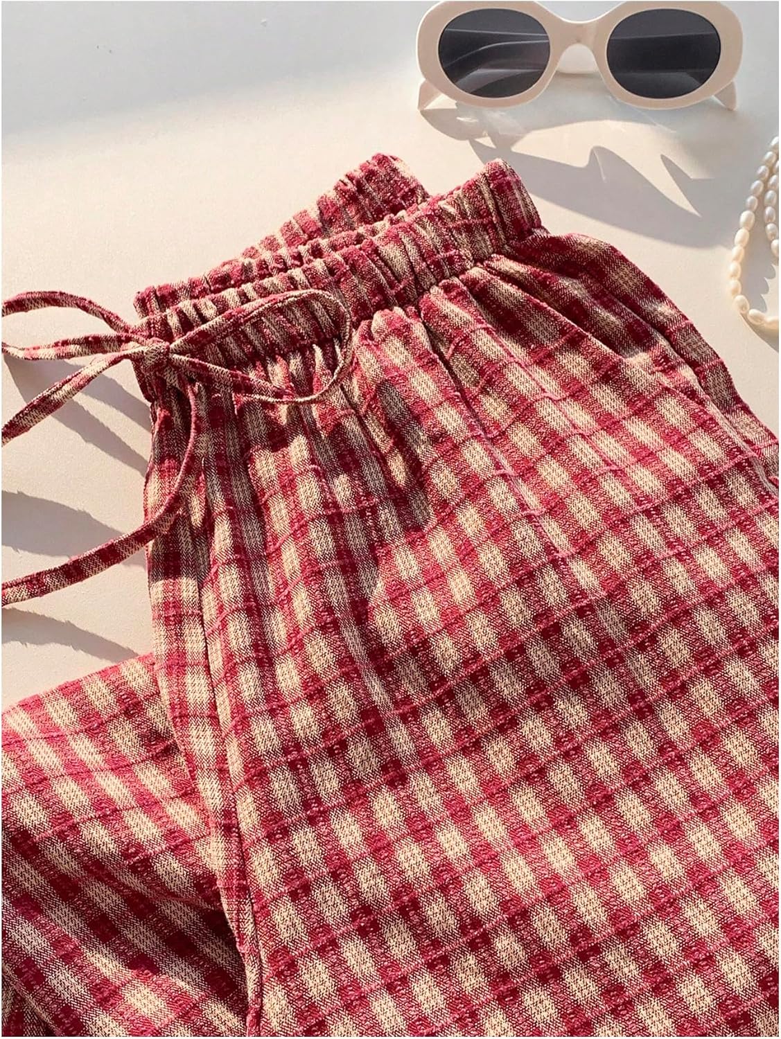 GORGLITTER Women's Gingham Pants Cute Plaid Elastic High Waist Wide Leg Pant with Pockets Y2k Going Outfits Streetwear