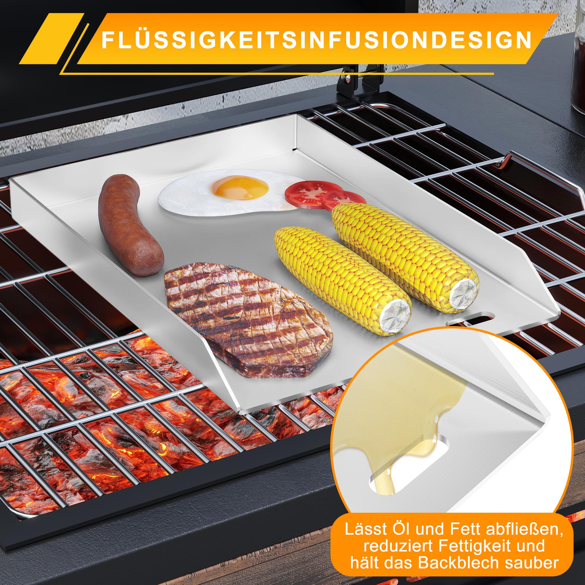 LILIIN Płyta grillowa ze stali nierdzewnej 45x30cm Plancha BBQ z dołączonym spachlem do grilla, płyta grillowa do grilla gazowego i węglowego - zapobiegające wyciekom kąty dla czystego grilla, bez