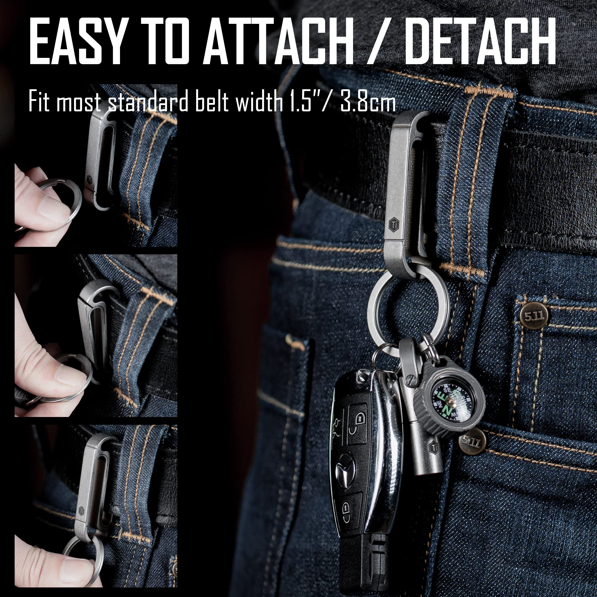 KeyUnity KM10 Clip portachiavi a moschettone a doppio lato, portachiavi a scatto in titanio EDC per cintura