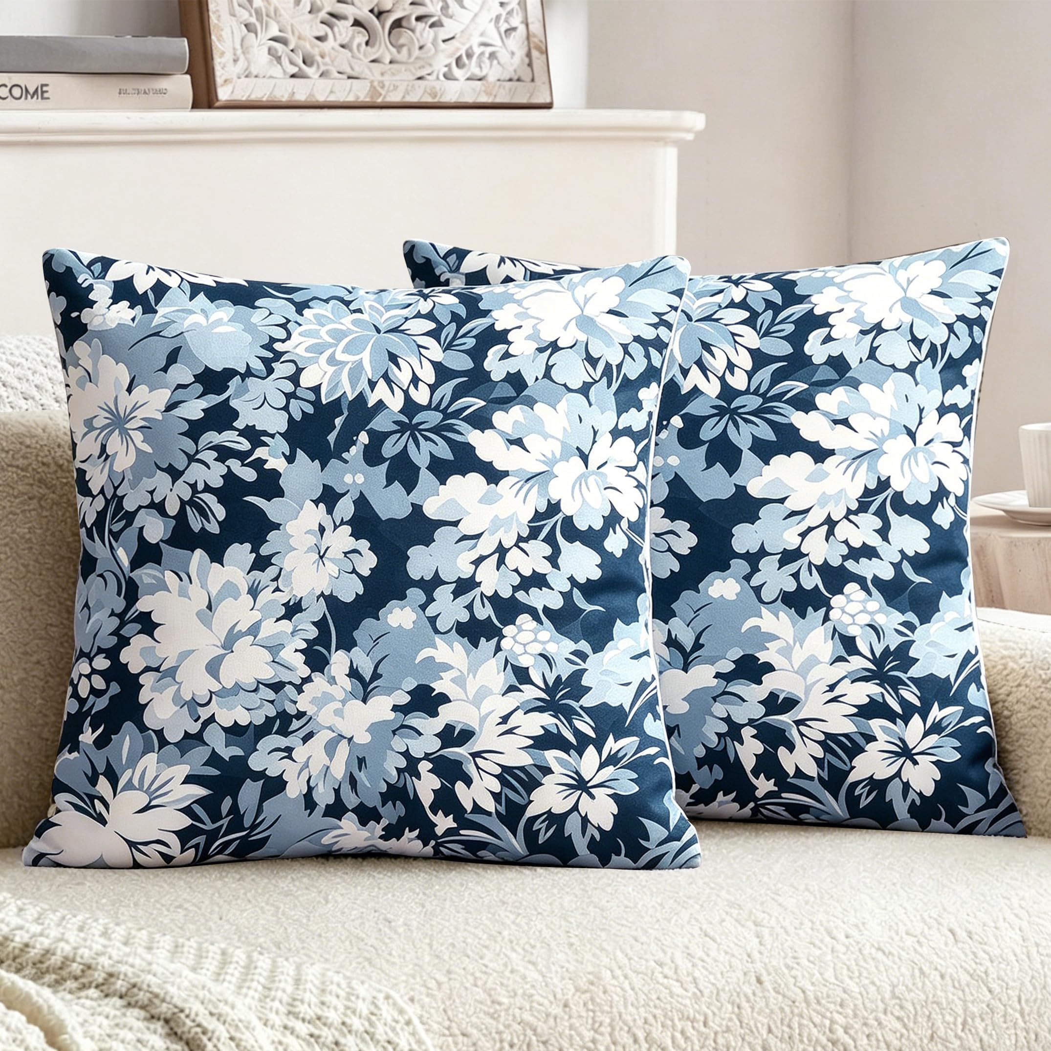 XPHZZL Cushion Covers 40x40 cm Set of 2, Modern Floral Soft Short Plush Pillow Covers with Invisible Zipper, Stylish Artistic Throw Pillow Covers for Sofa Bed Garden Living Room-Deep Indigo
