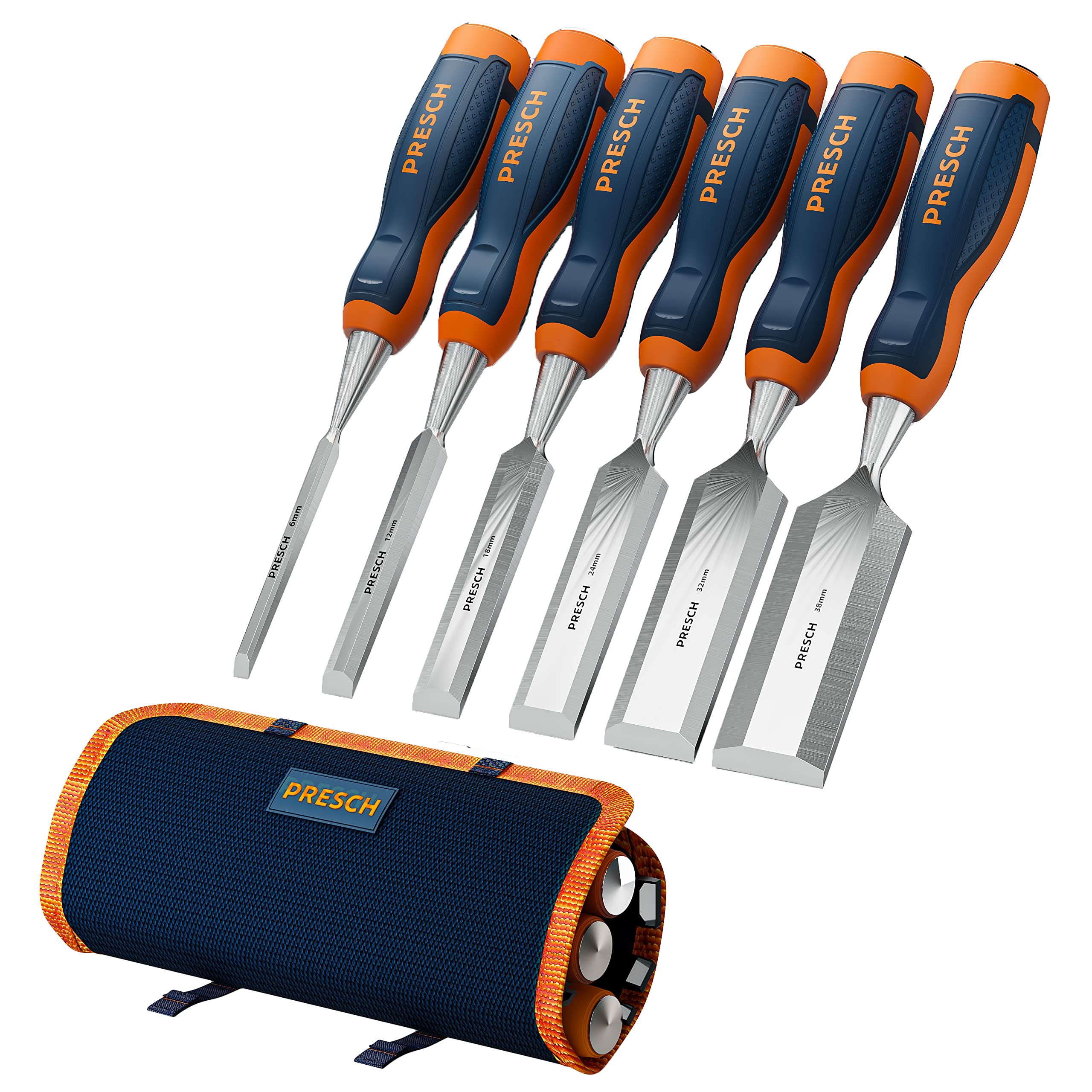 Presch Chisel Set for Wood 6 Pieces Including Bag - Sharp Chisel Set (6, 12, 18, 24, 32, 38 mm) - Professional Chisel Set with 25° Wedge Angle Including Robust Metal Impact Cap - Ready Polished
