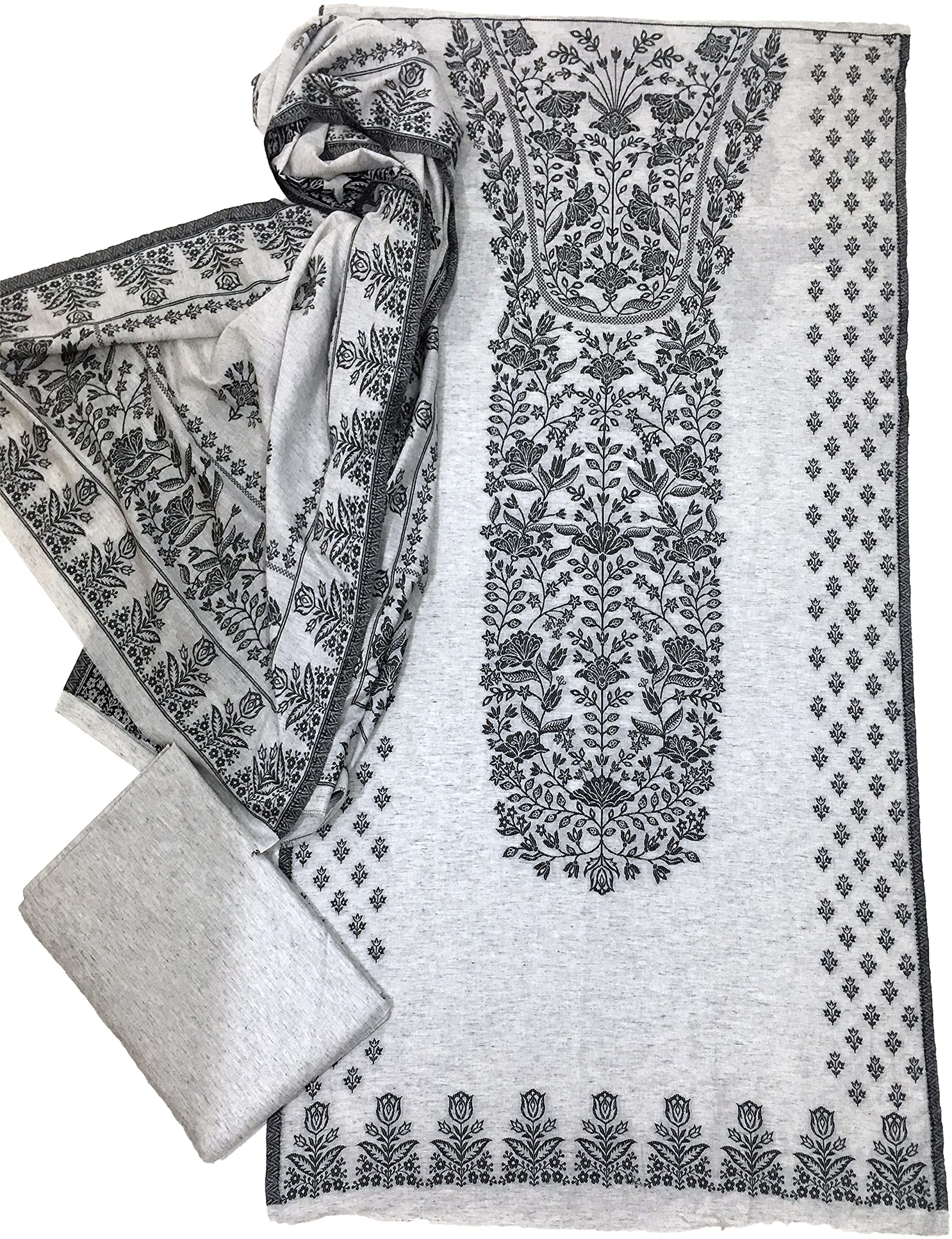 Kashmiri Kani Jacquard Suit, Pure Cotton Nap Unstitched Material (Off White-Black)-image-11