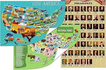 USA Educational Poster Set for Kids 3-Pack Includes United States Map, Presidents of the USA, and National Parks with State Animals 16x24 Classroom Wall Posters for Homeschool & Geography Learning