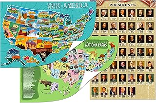 USA Educational Poster Set for Kids – 3-Pack Includes United States Map, Presidents of the USA, and National Parks with State Animals – 16x24 Laminated Classroom Wall Posters for Homeschool & Geography Learning