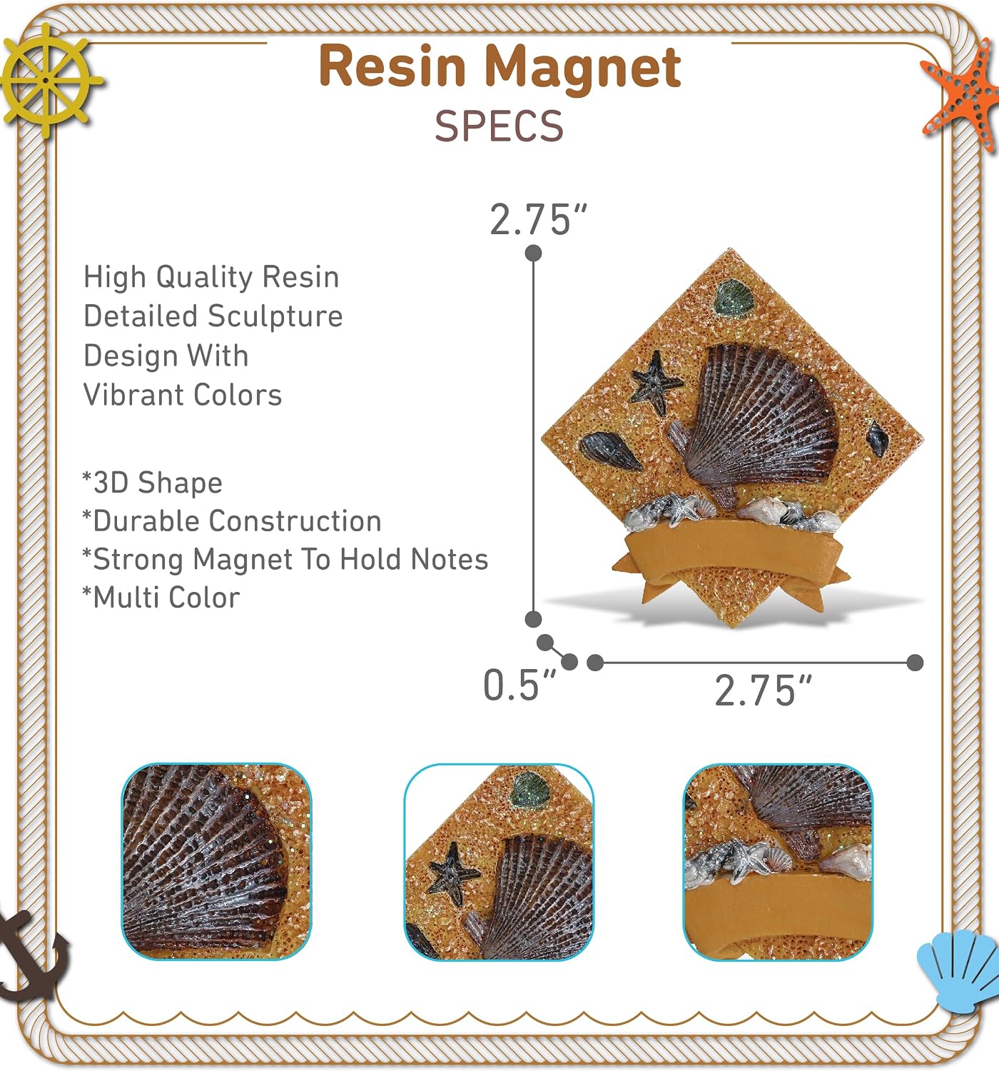 CoTa Global Sand Square Shell Refrigerator Nautical Magnets Set of 2 - Resin Beach Design Magnet, Fun and Cute Ocean Magnets for Kitchen Fridge, Locker, Home Decor and Office Decor Novelty - 2 Pack
