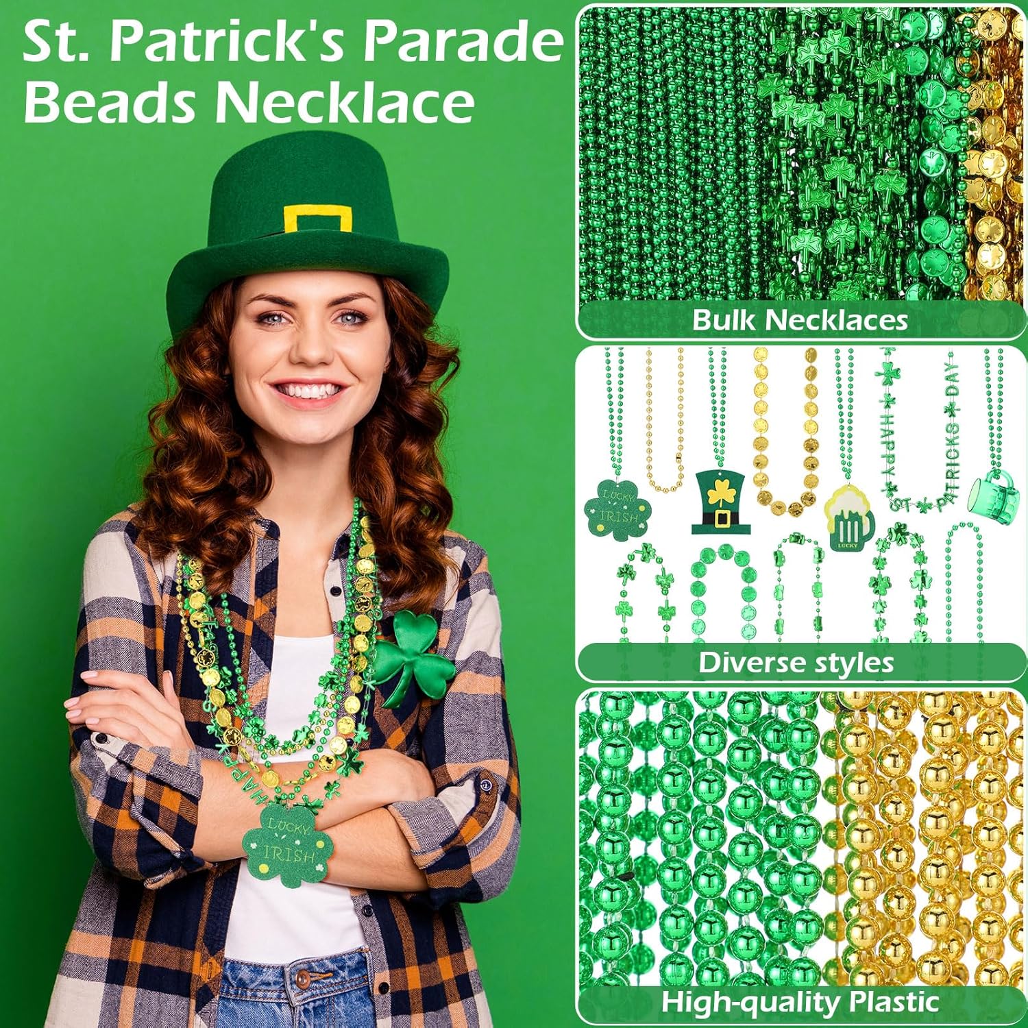 Civaner 300 Pcs St. Patricks Day Necklace Bulk 31.5 Inch Green Beads Necklace Shamrock Gold Coins Beer Mug Happy St. Patricks Day Accessories for Irish Parade Throw Party Supplies Favors