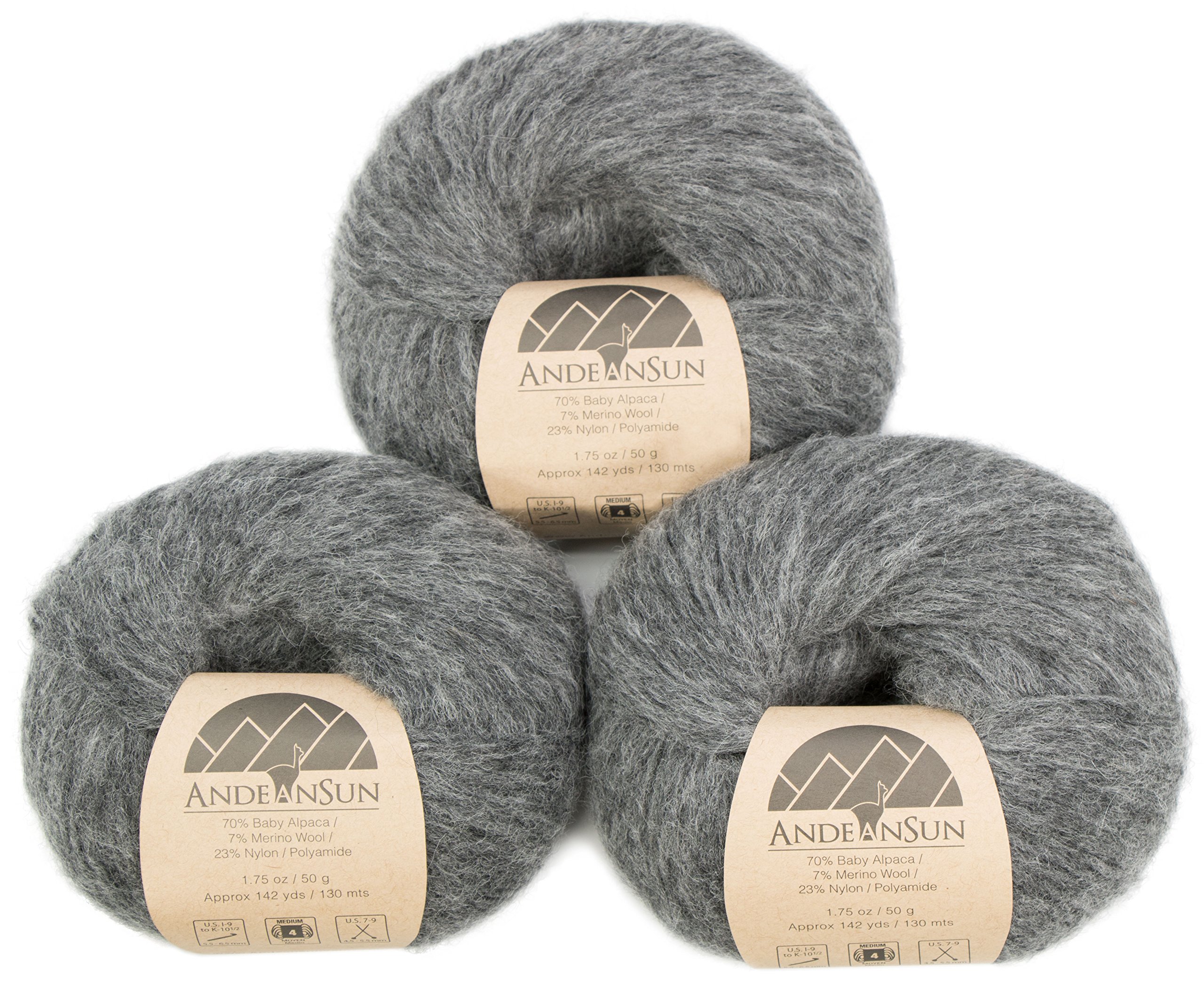 (Set of 3) Baby Alpaca Merino Wool Yarn [426 Yards Total] Medium Grey, #4 Worsted