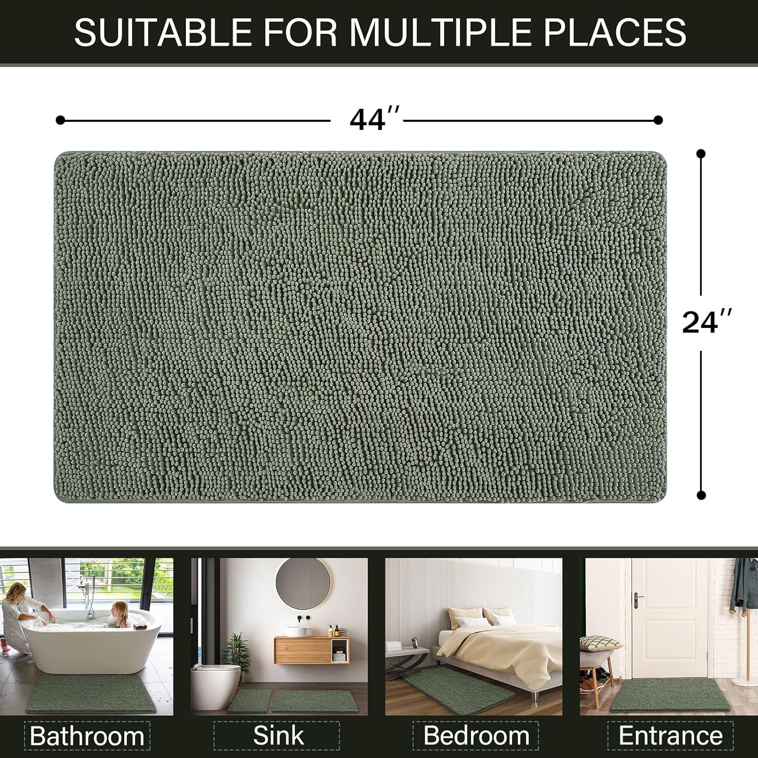 LOCHAS Luxury Bathroom Rug Shaggy Bath Mat 24 x 44 Inch, Washable Non Slip Bath Rugs for Bathroom Shower, Soft Plush Chenille Absorbent Carpets Mats, Sage Green - Image 2